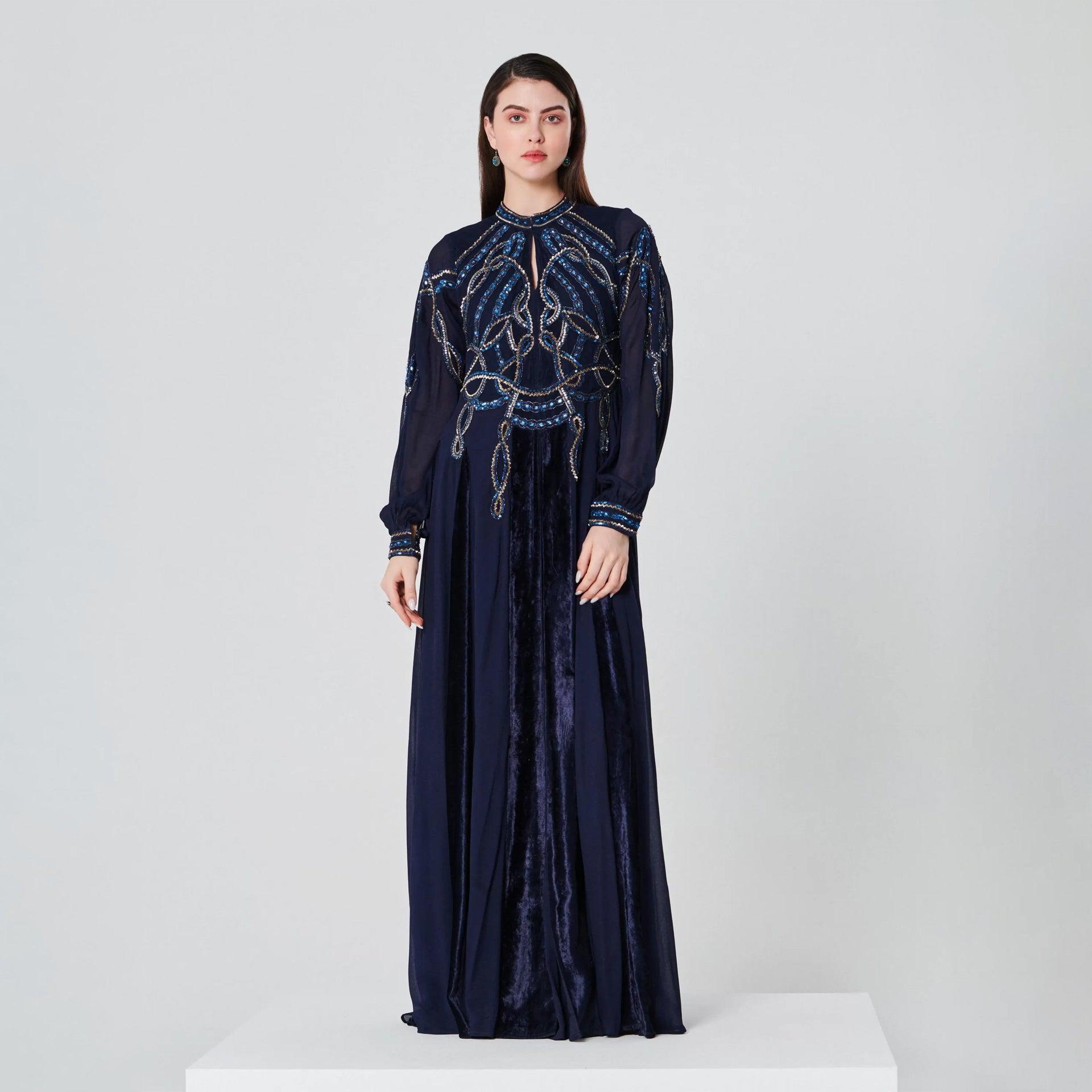 Navy Crepe Dress With Long Sleeves And Blue Embroidery From Shalky - WECRE8