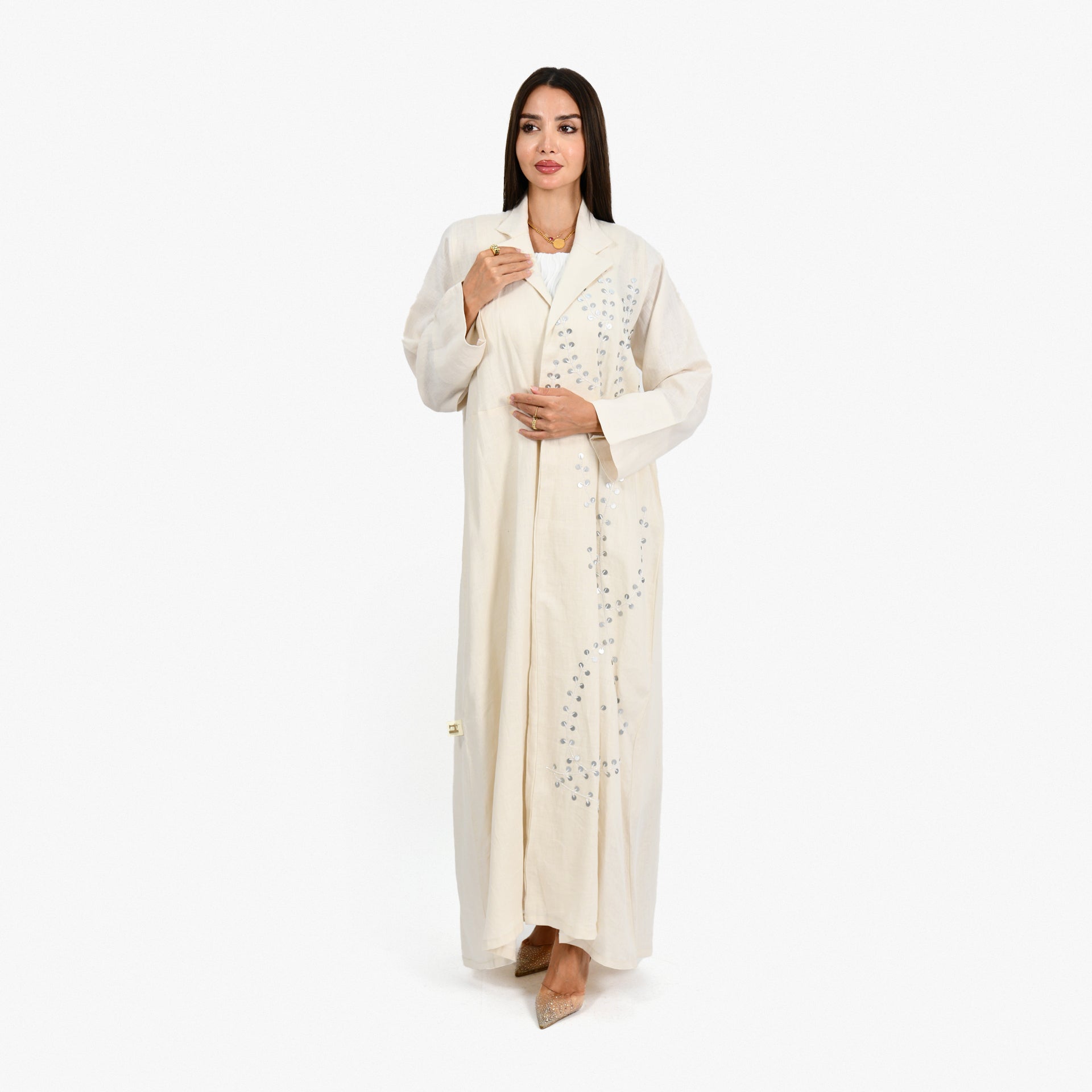 Off-white Lenin Abaya With Silver sequins From Darzah - WECRE8