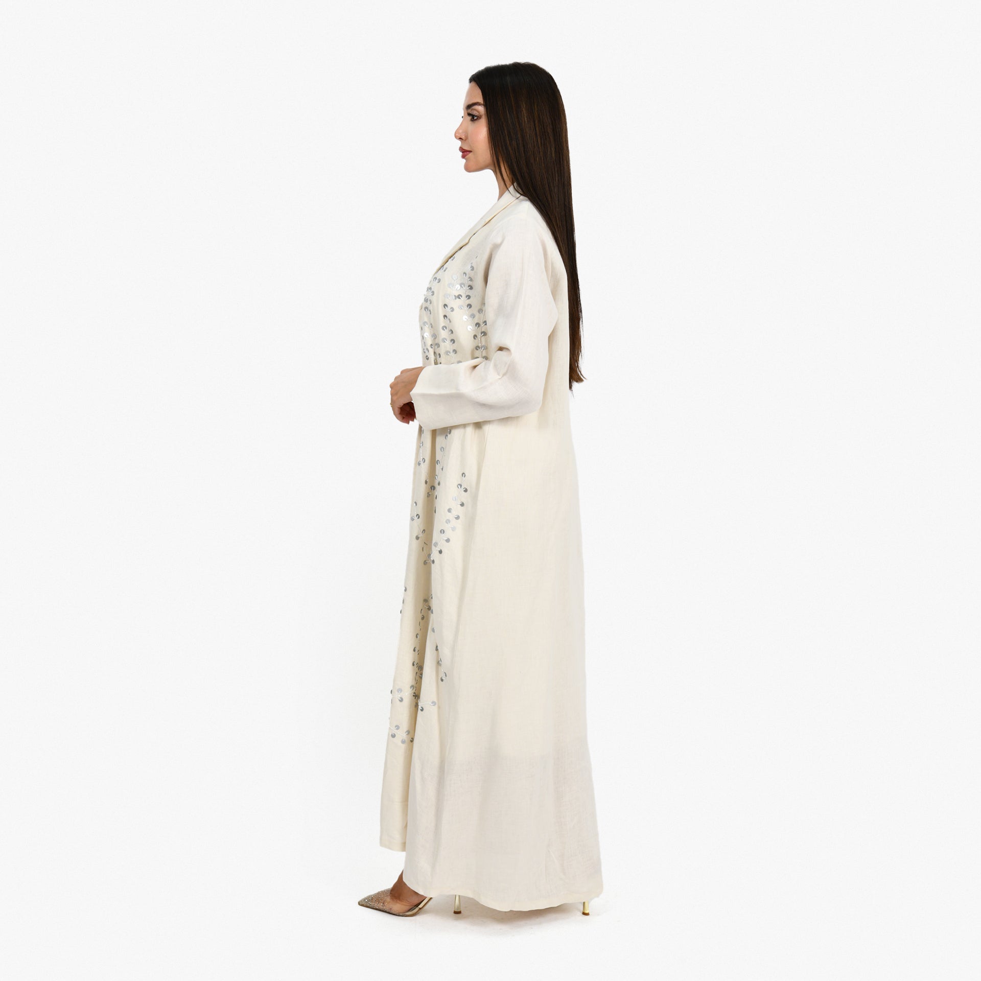 Off-white Lenin Abaya With Silver sequins From Darzah - WECRE8