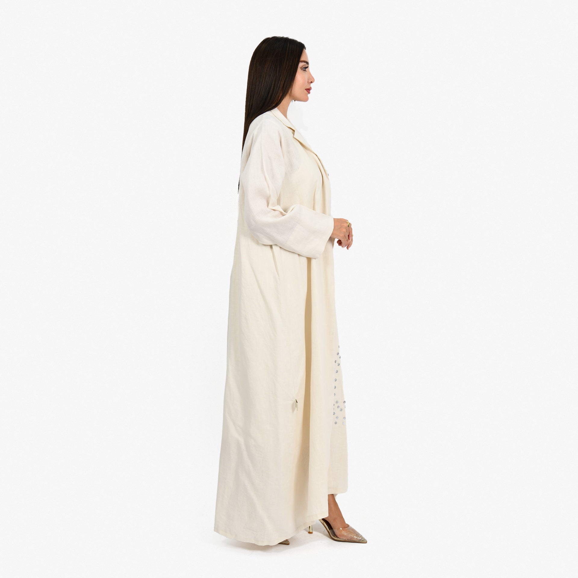 Off-white Lenin Abaya With Silver sequins From Darzah - WECRE8