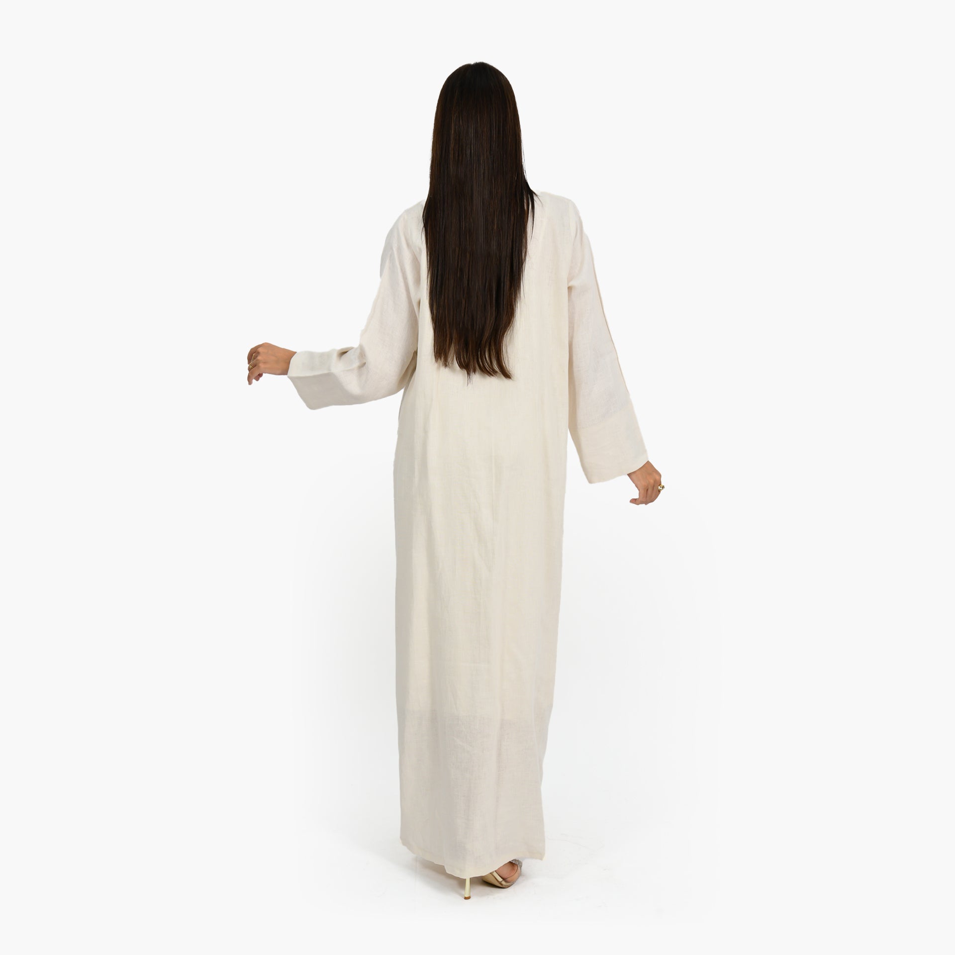 Off-white Lenin Abaya With Silver sequins From Darzah - WECRE8