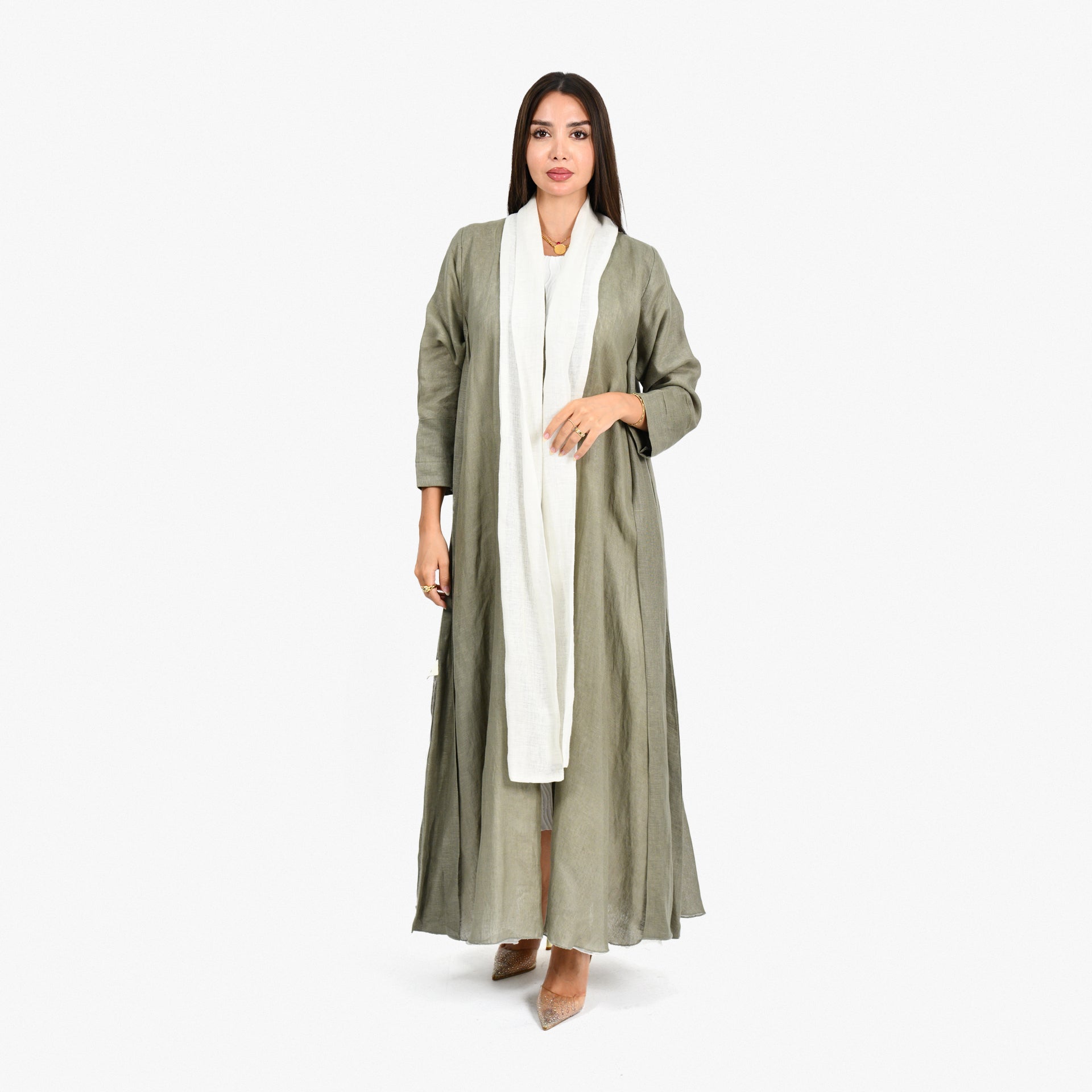 Olive & Off white Lenin Abaya From Darzah - WECRE8