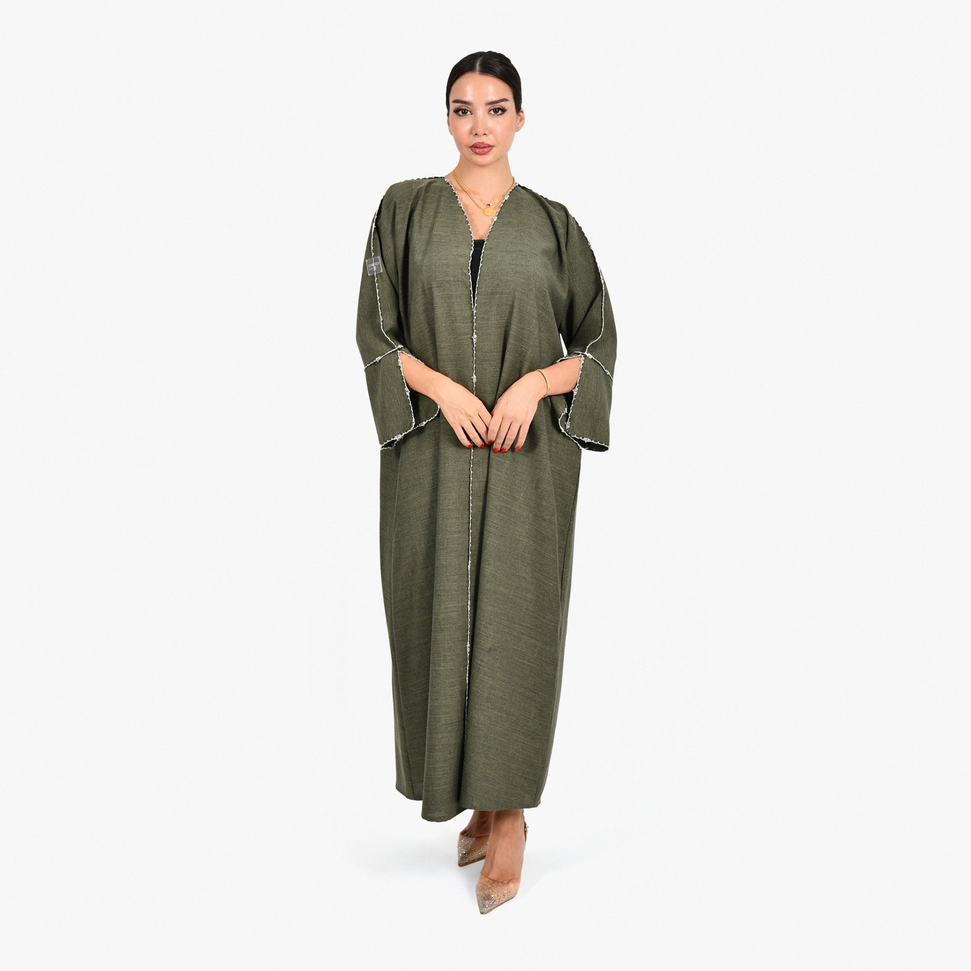 Olive Green Abaya with Hand Embroidery and Green Tarha by Shmokh Abaya - WECRE8