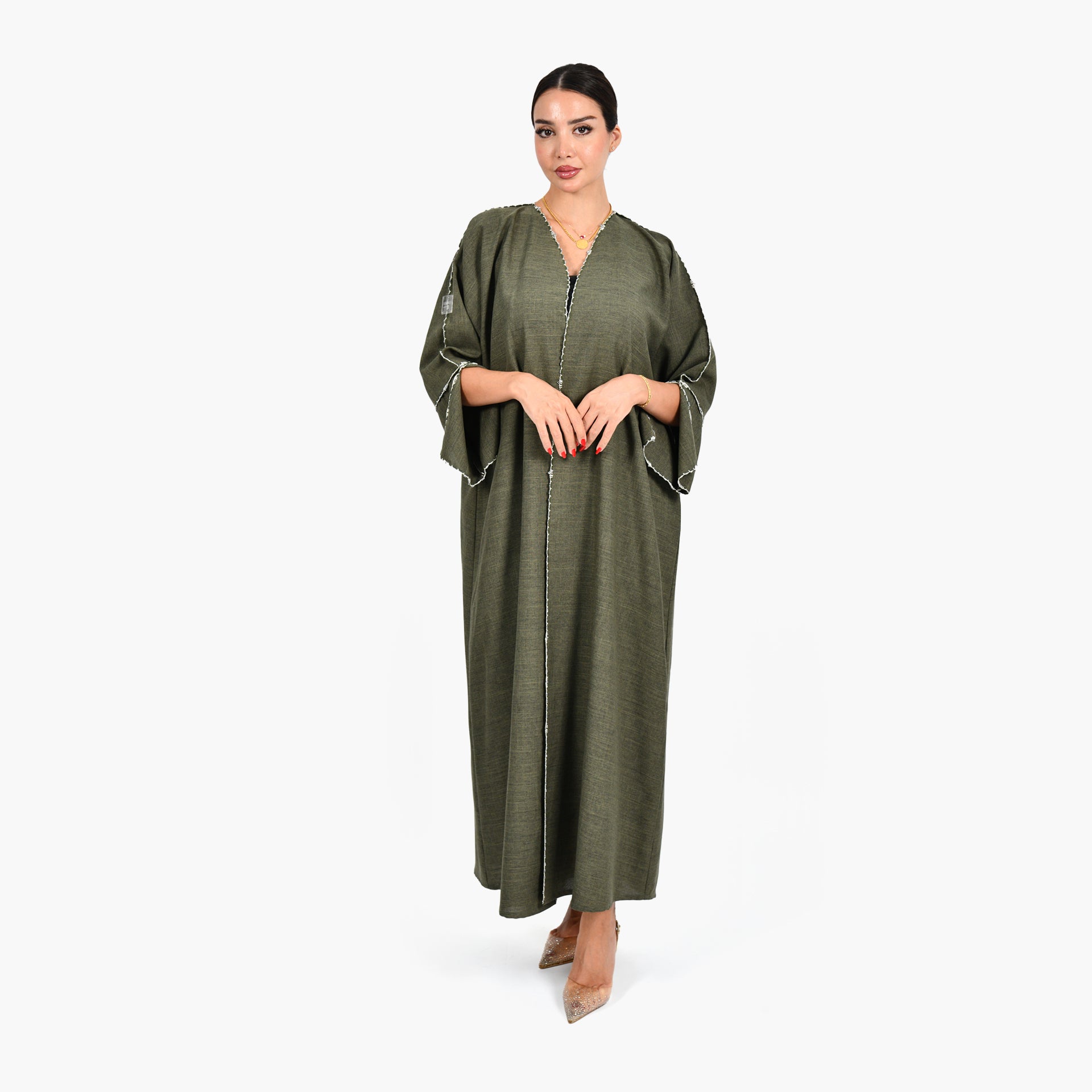 Olive Green Abaya with Hand Embroidery and Green Tarha by Shmokh Abaya - WECRE8