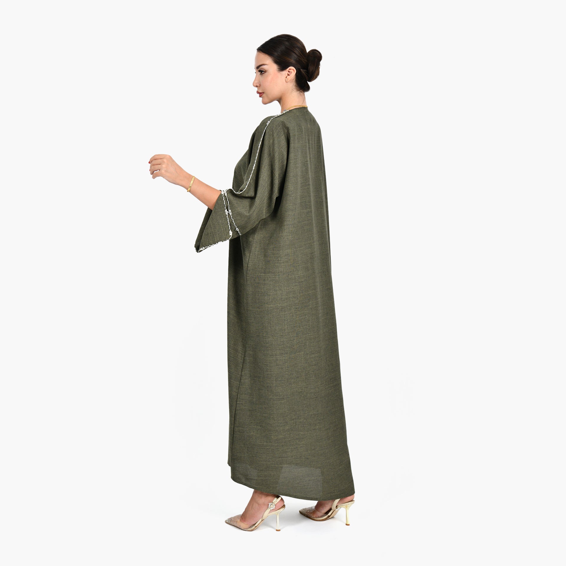 Olive Green Abaya with Hand Embroidery and Green Tarha by Shmokh Abaya - WECRE8