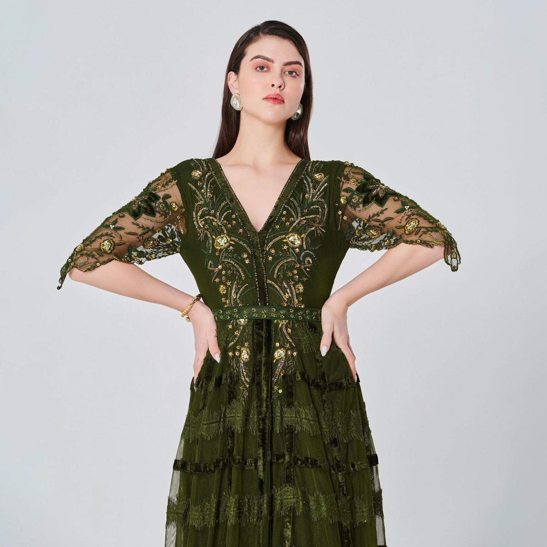 Olive Green Tulip Dress With Short Sleeves And Gold Embroidery From Shalky We Cre8 KSA