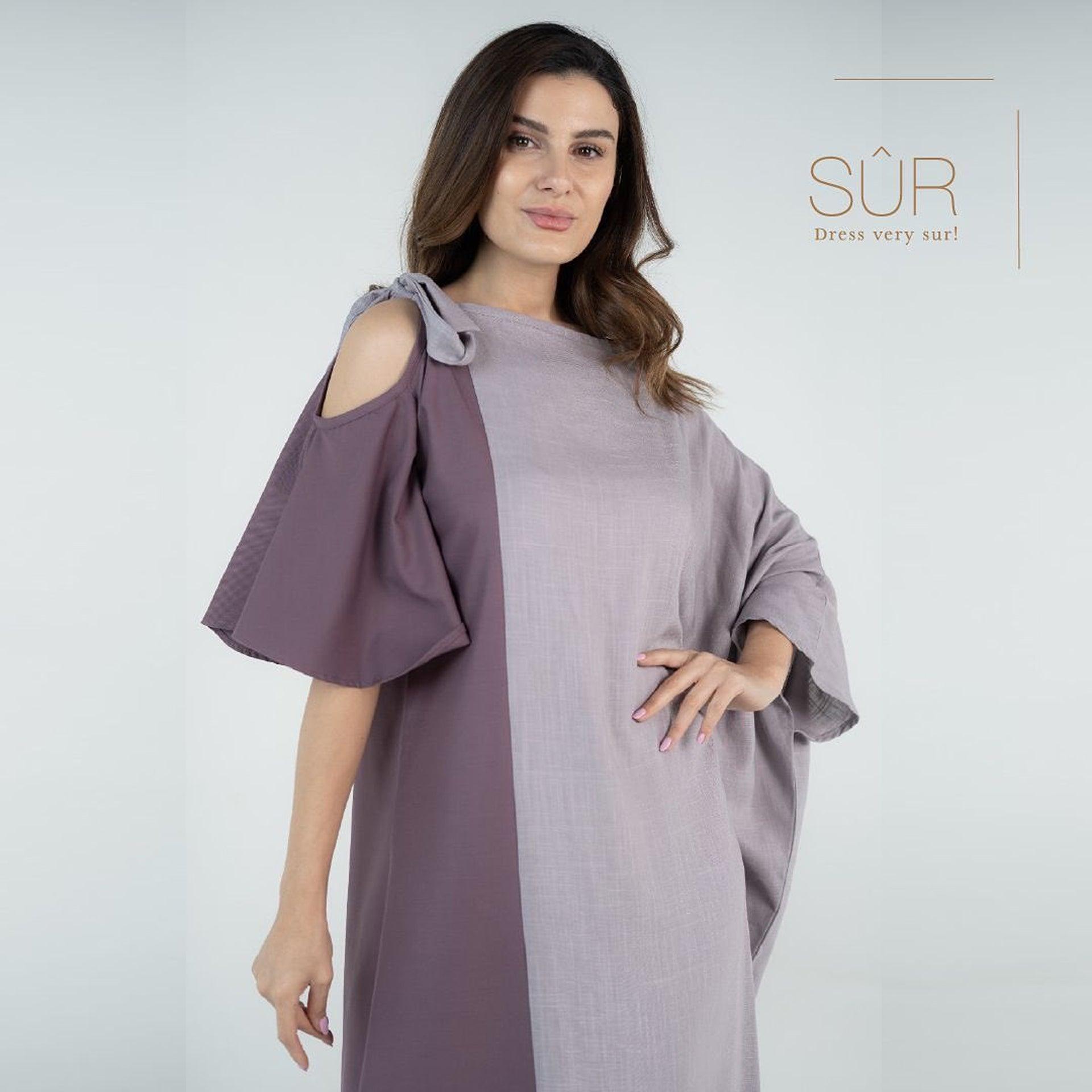 Pale Purple Knot Asymmetrical Neck With Drop Sleeve Jalabiya By Sur - WECRE8