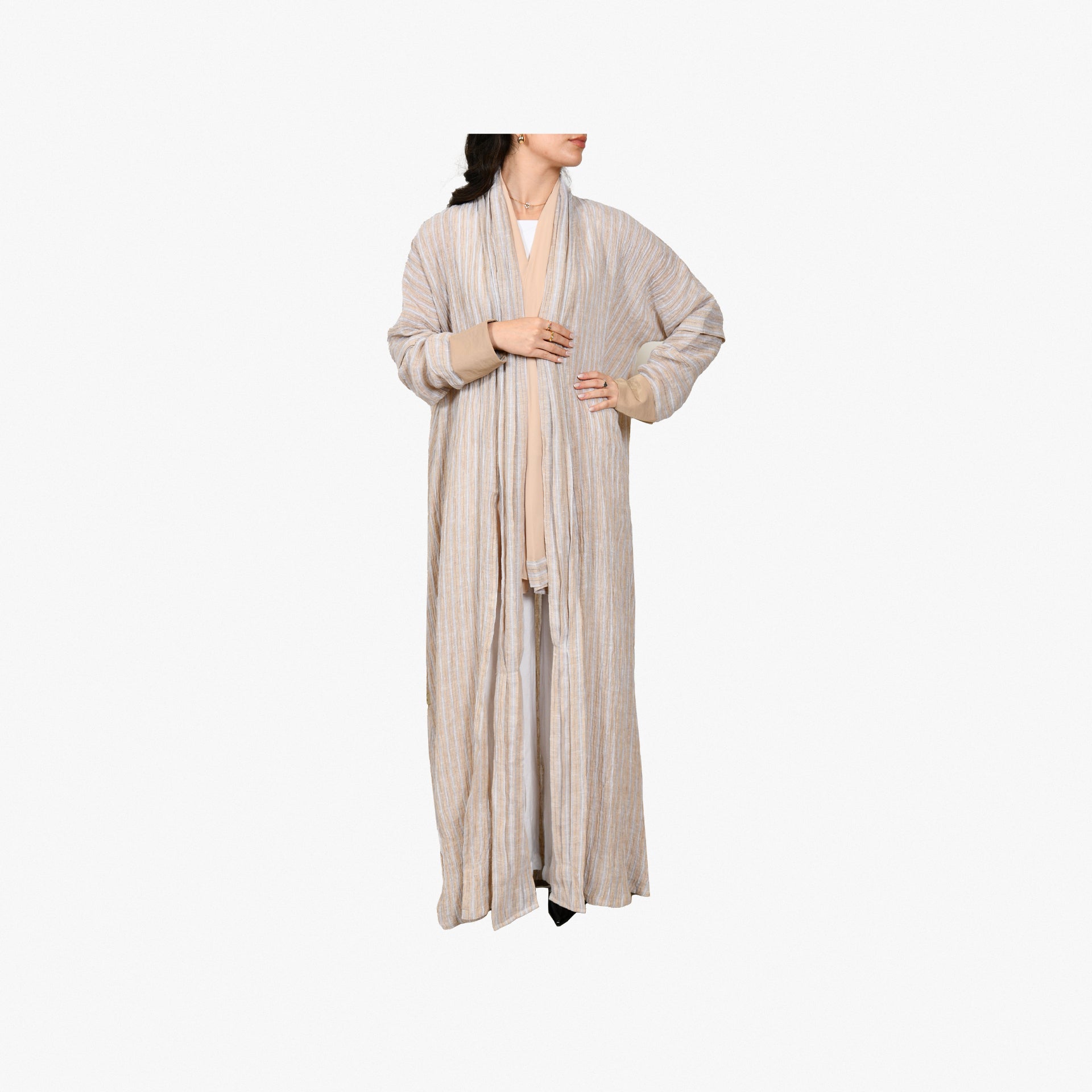 Peach Linen Abaya With Gray Stripes From Darzah - WECRE8