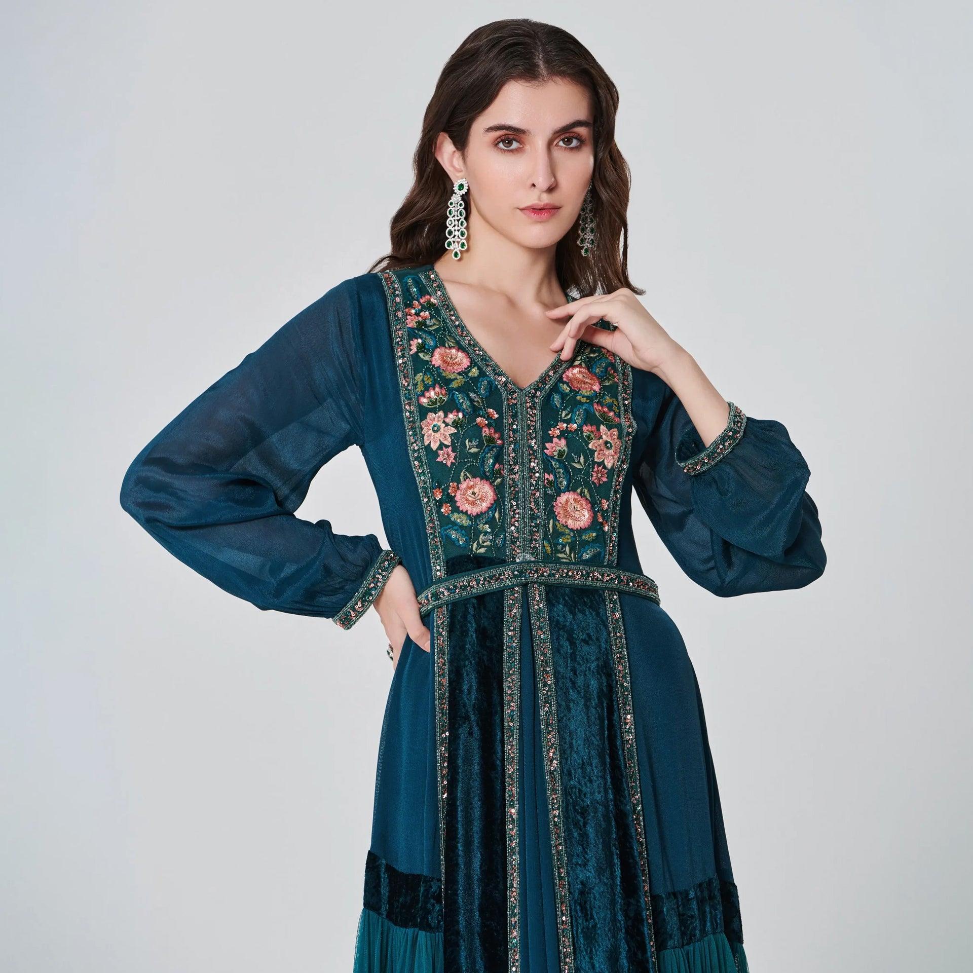 Petrol Crepe and Chiffon Embroidery Katrina Dress with Long Sleeves From Shalky - WECRE8