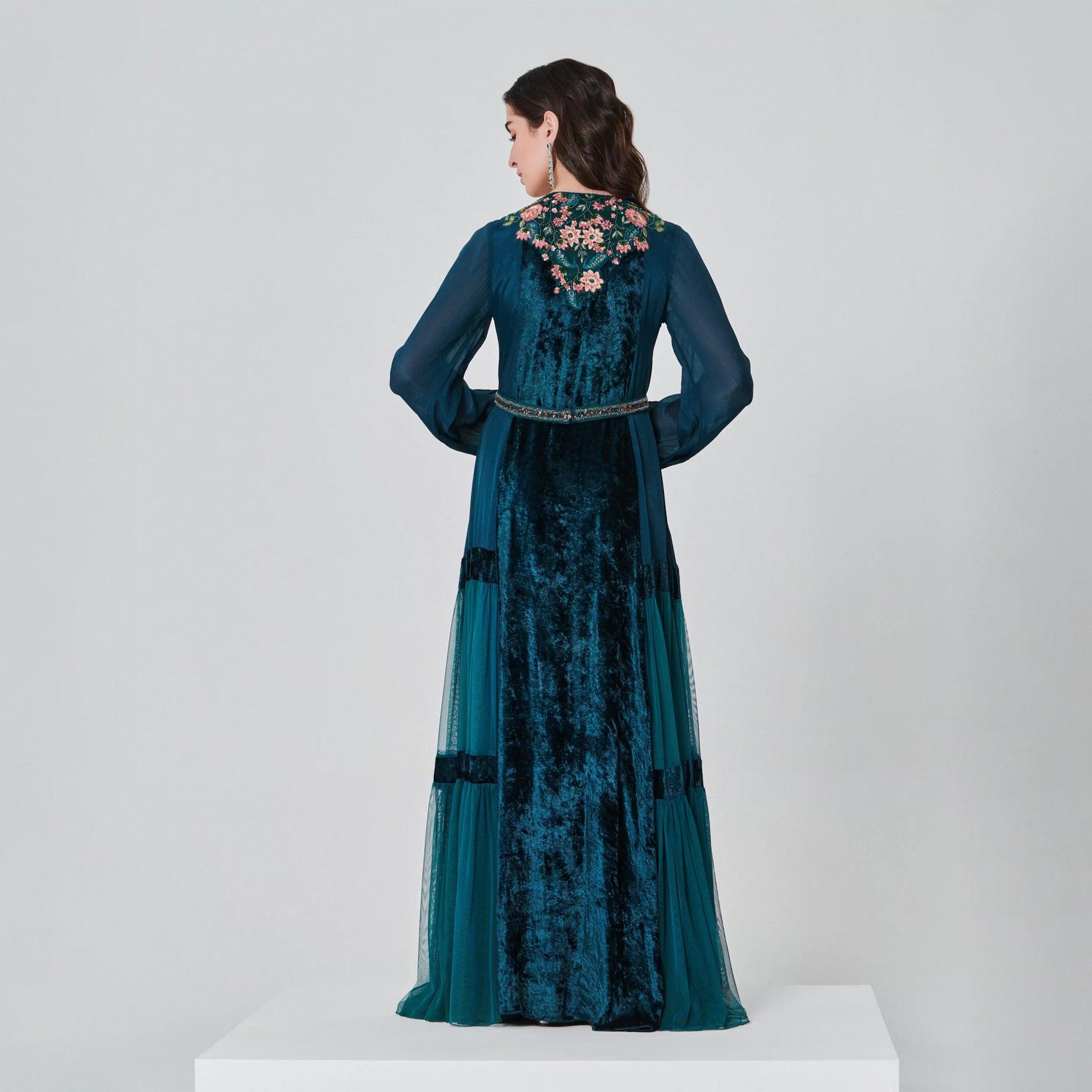 Petrol Crepe and Chiffon Embroidery Katrina Dress with Long Sleeves From Shalky - WECRE8