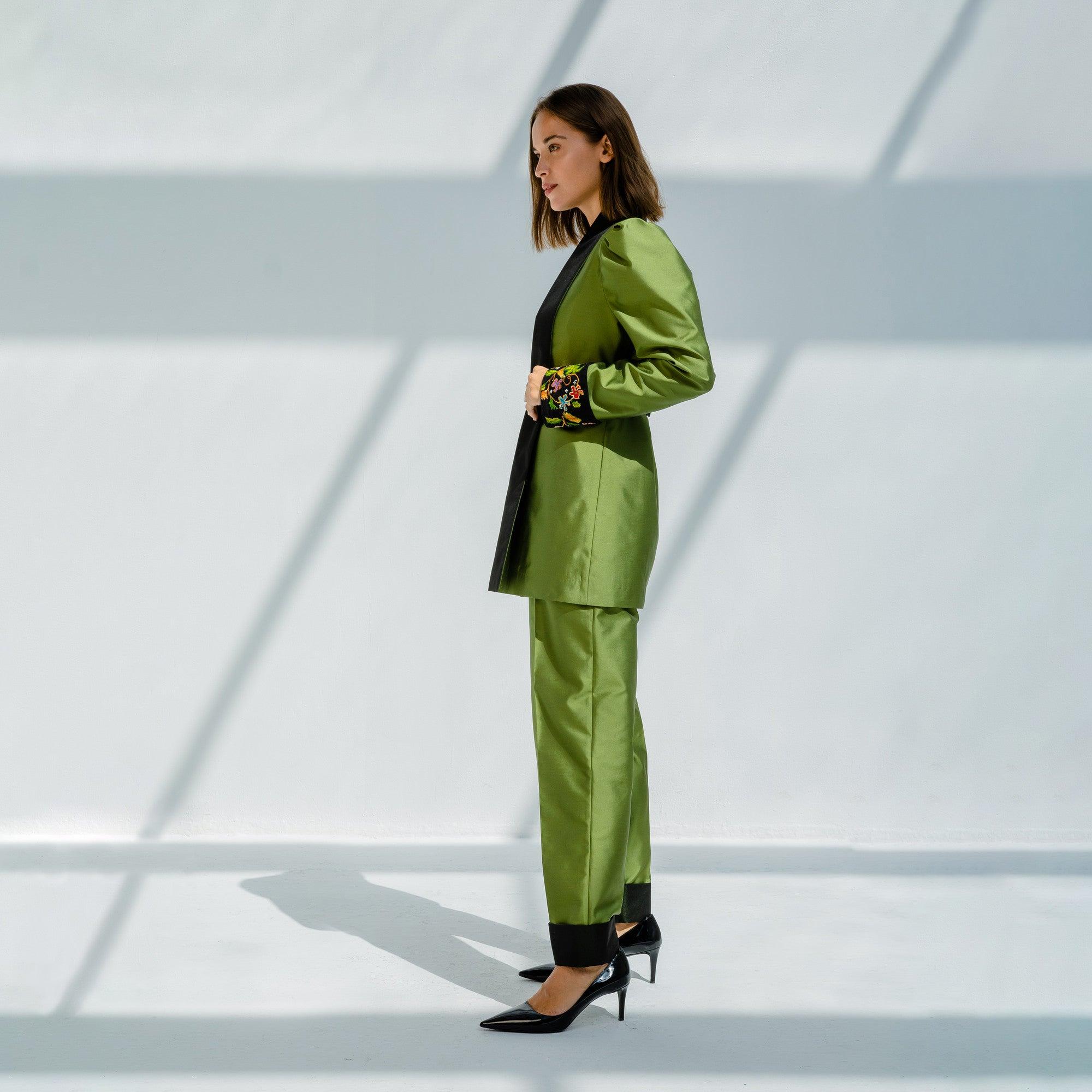 Picual Olive Green Puffy Sleeves Satin Taffeta Jacket Paired with Trouser by Lara Ali - WECRE8