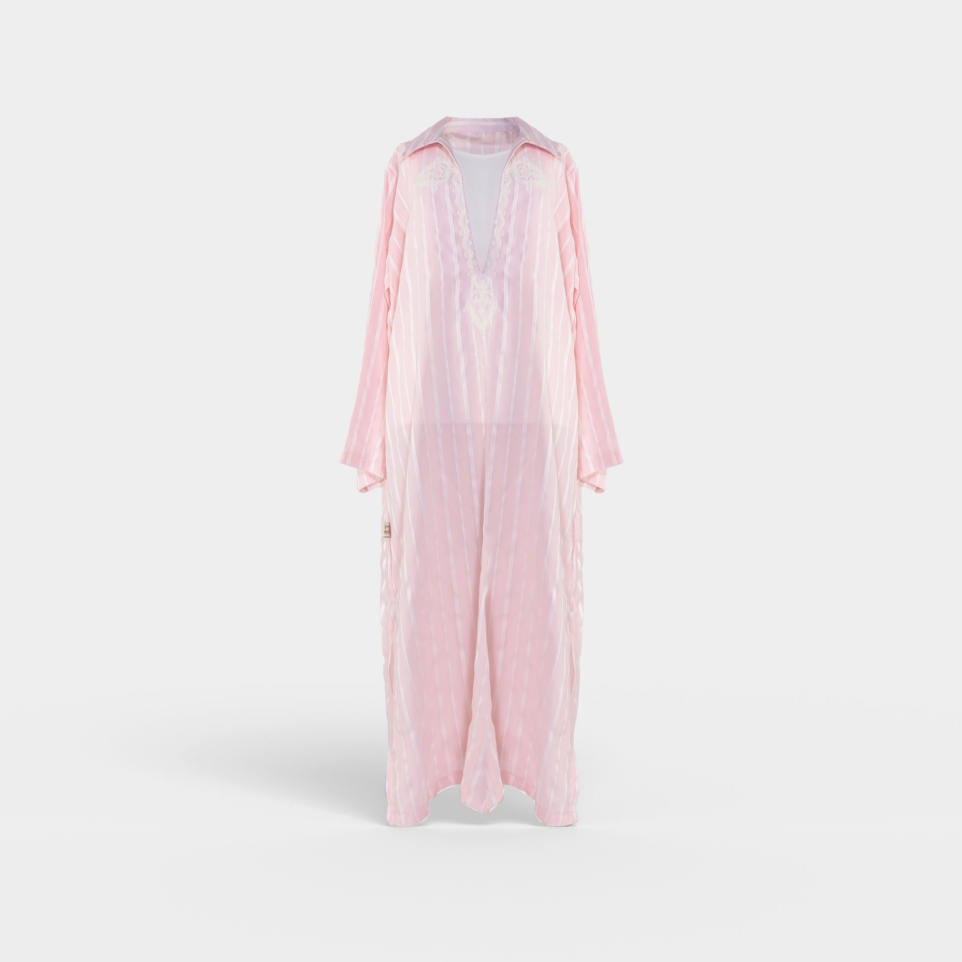 Pink Abaya with a Collar And White Stripes From Darzah - WECRE8