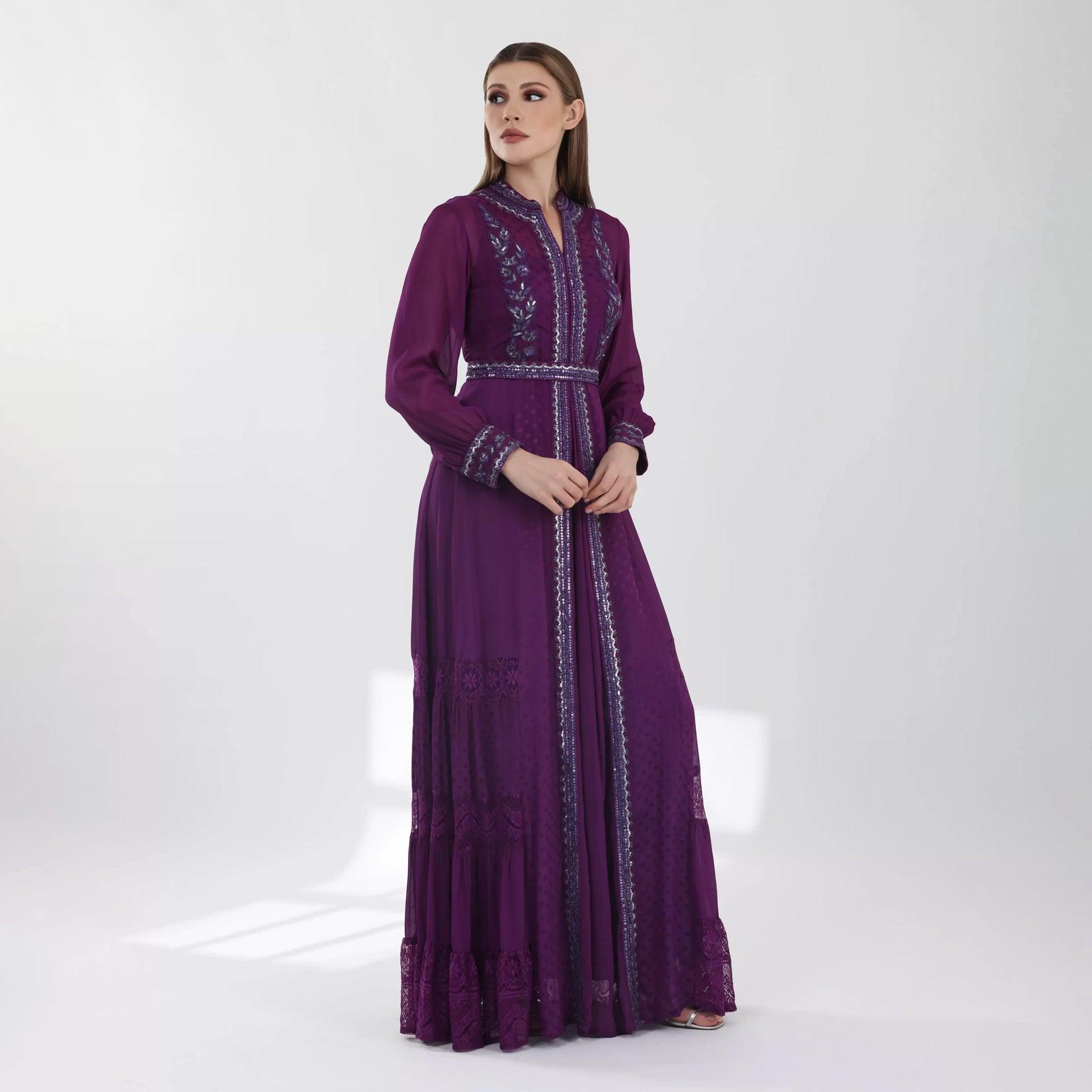 Purple Dress With Long Sleeves and Silver Embroidery From Shalky - WECRE8