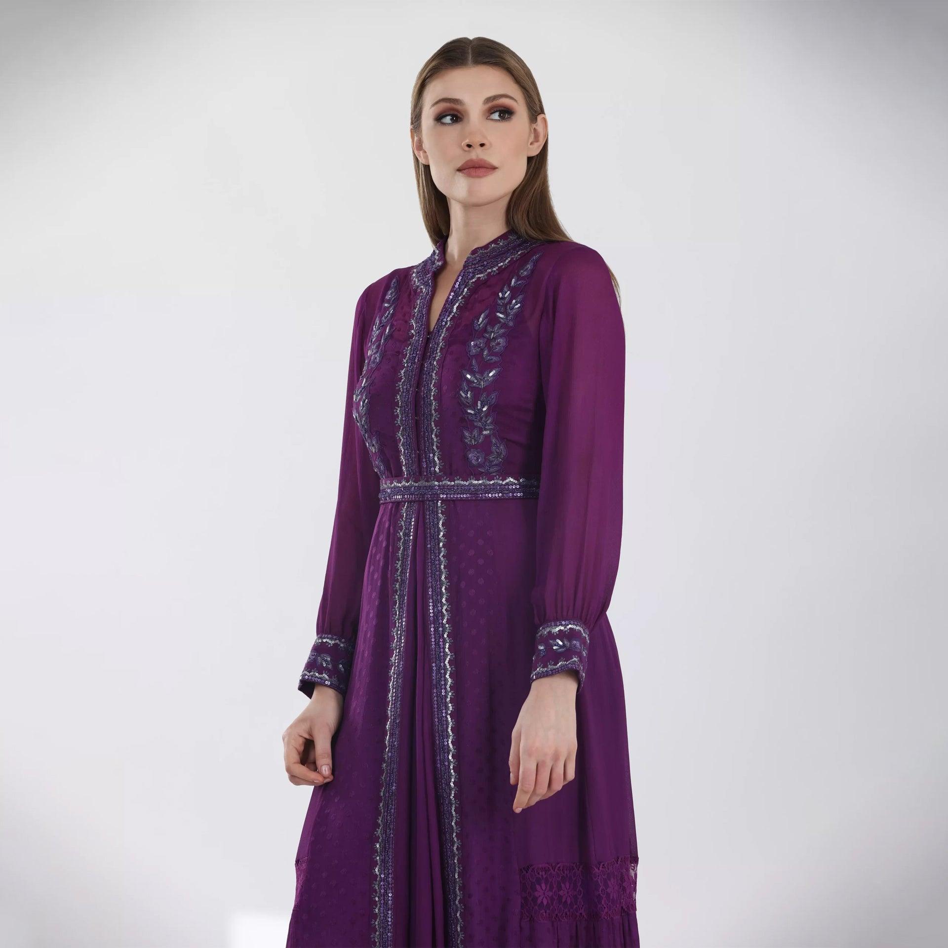 Purple Dress With Long Sleeves and Silver Embroidery From Shalky - WECRE8