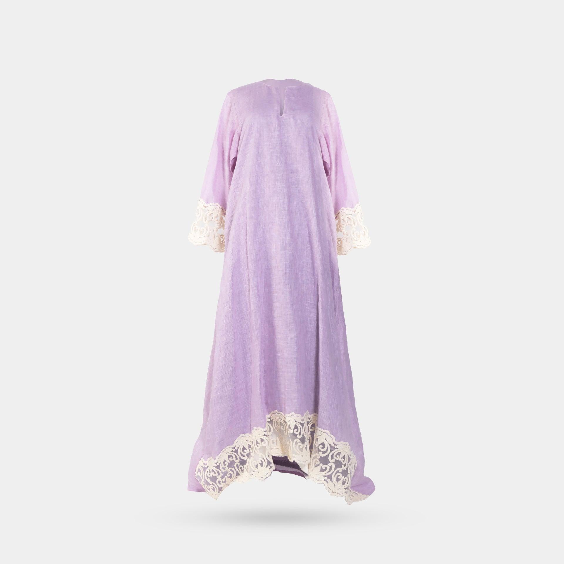 Purple Long Dress with Beige Joubert on the Ends of the Sleeves and Hemline From Darzah - WECRE8