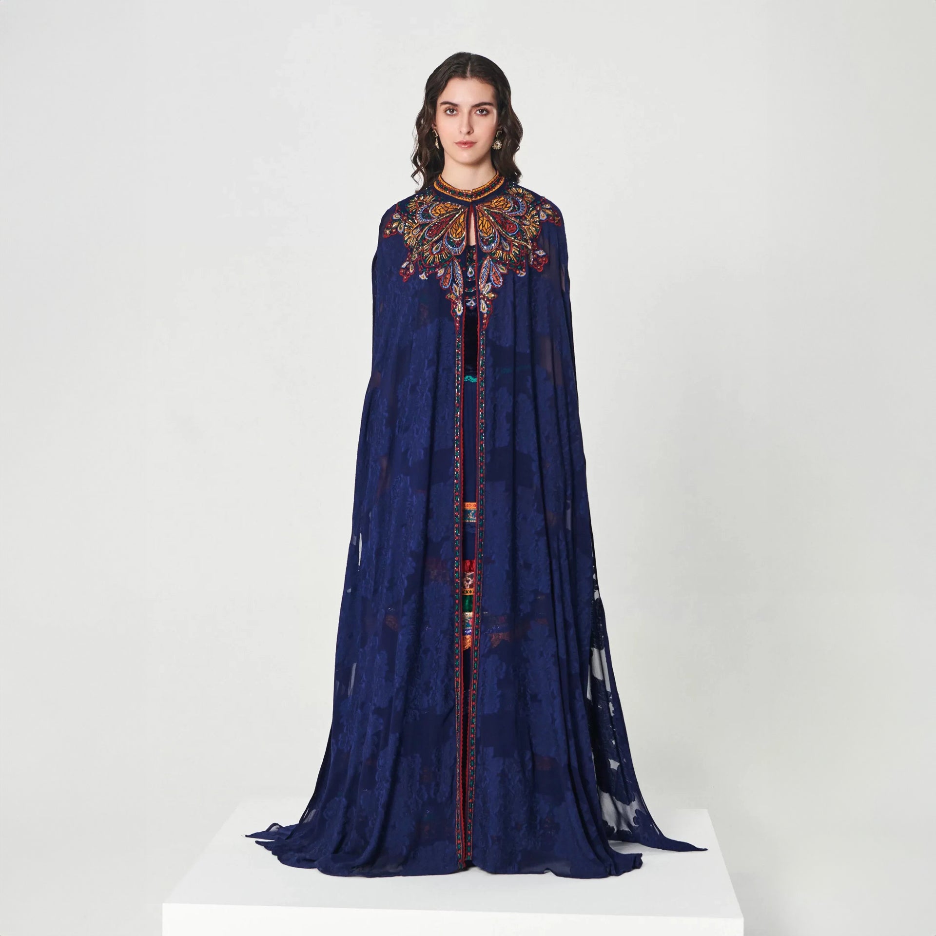 Rustella Dress- Navy Cape-Sleeved Evening Dress