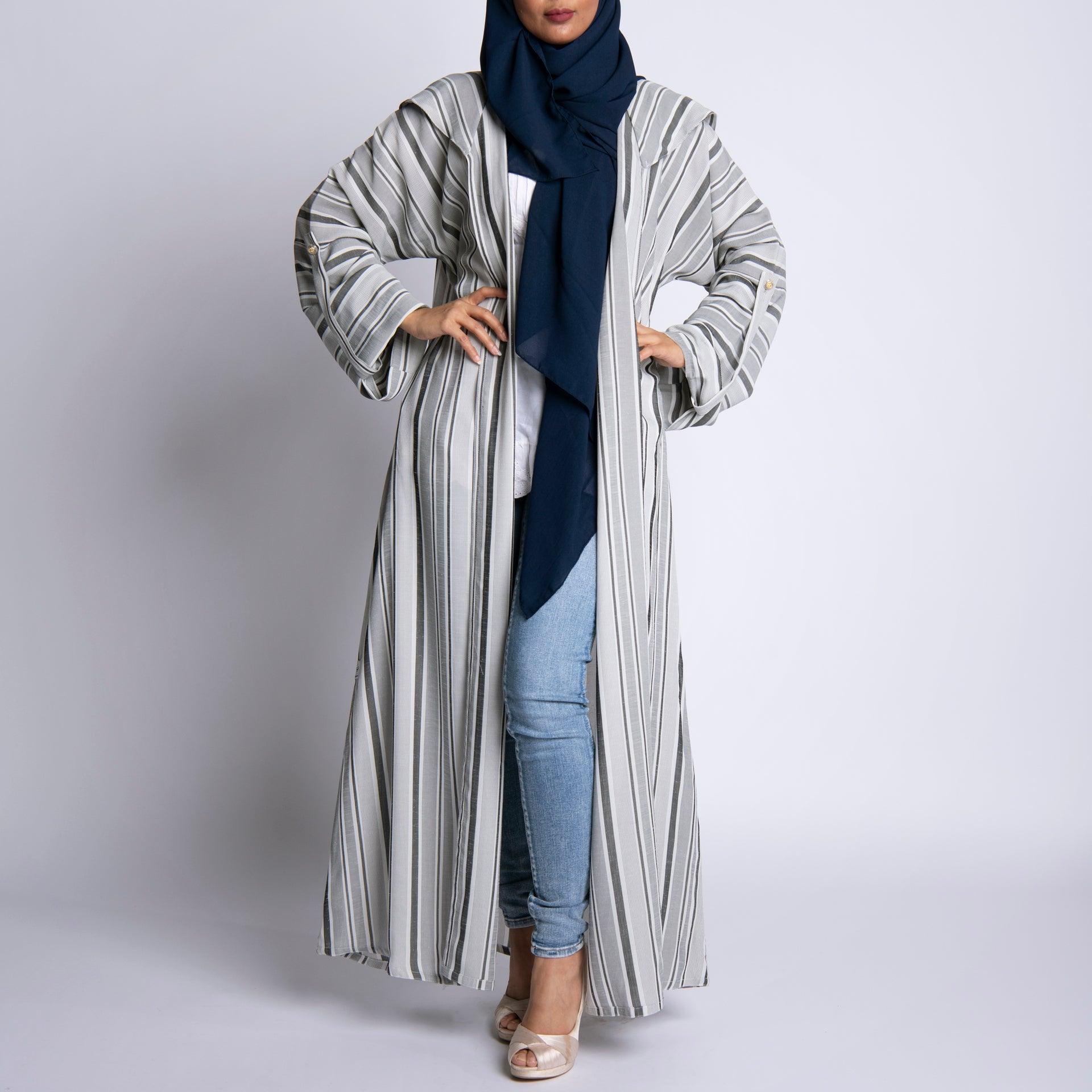 Silver Abaya With Gray Stripes By Erth - WECRE8