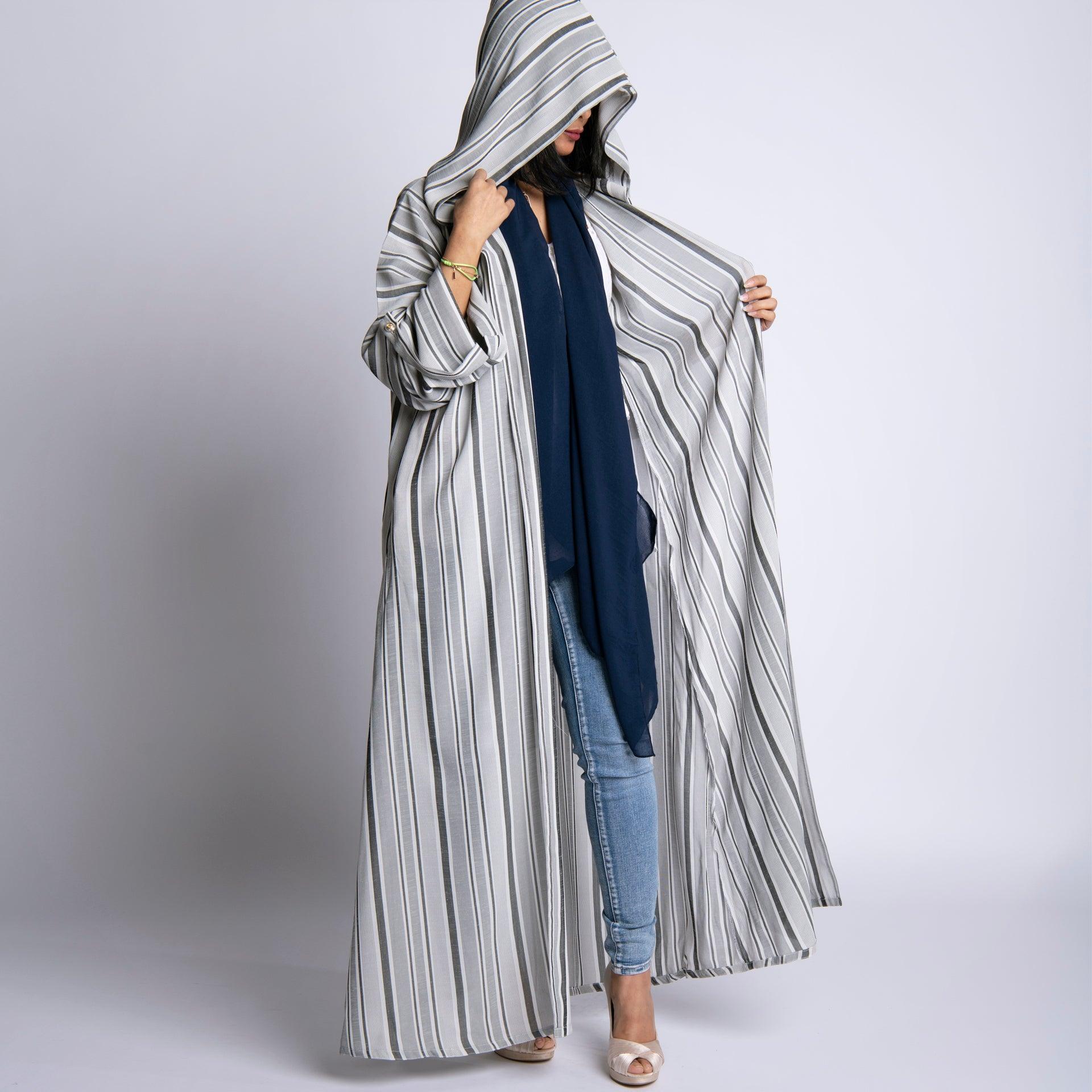 Silver Abaya With Gray Stripes By Erth - WECRE8