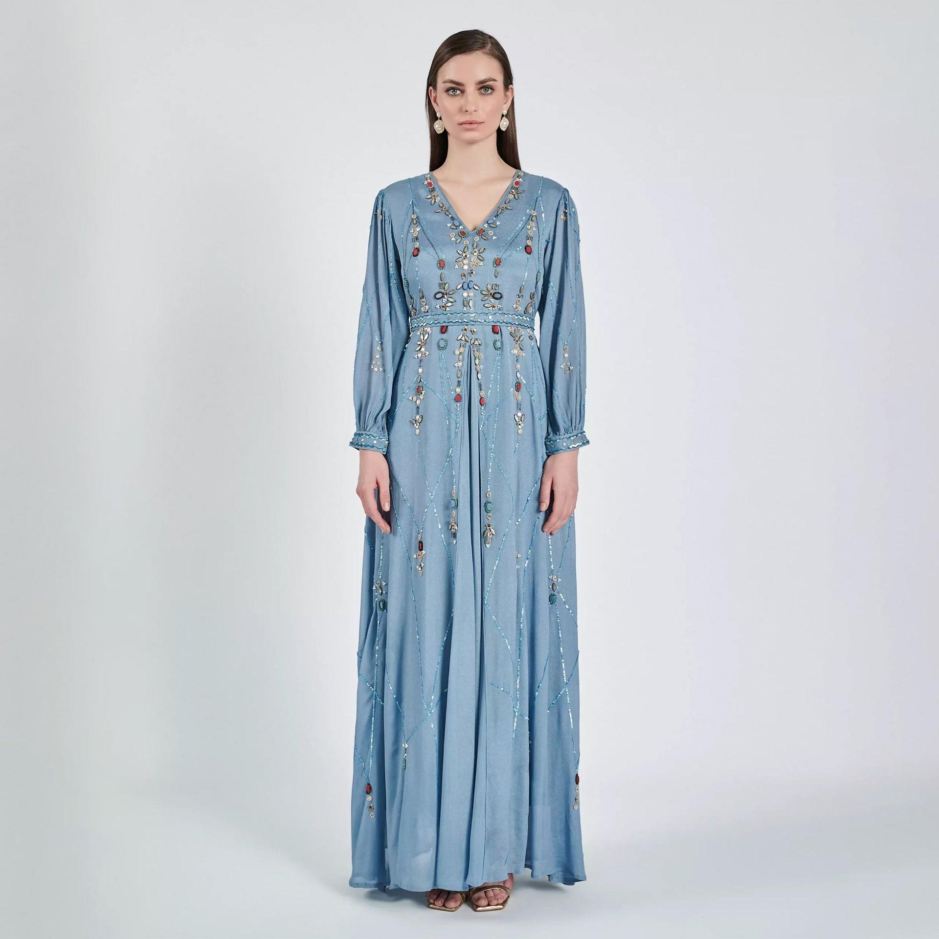 Sky Blue Crepe Dalin Dress with Long Sleeves - WECRE8