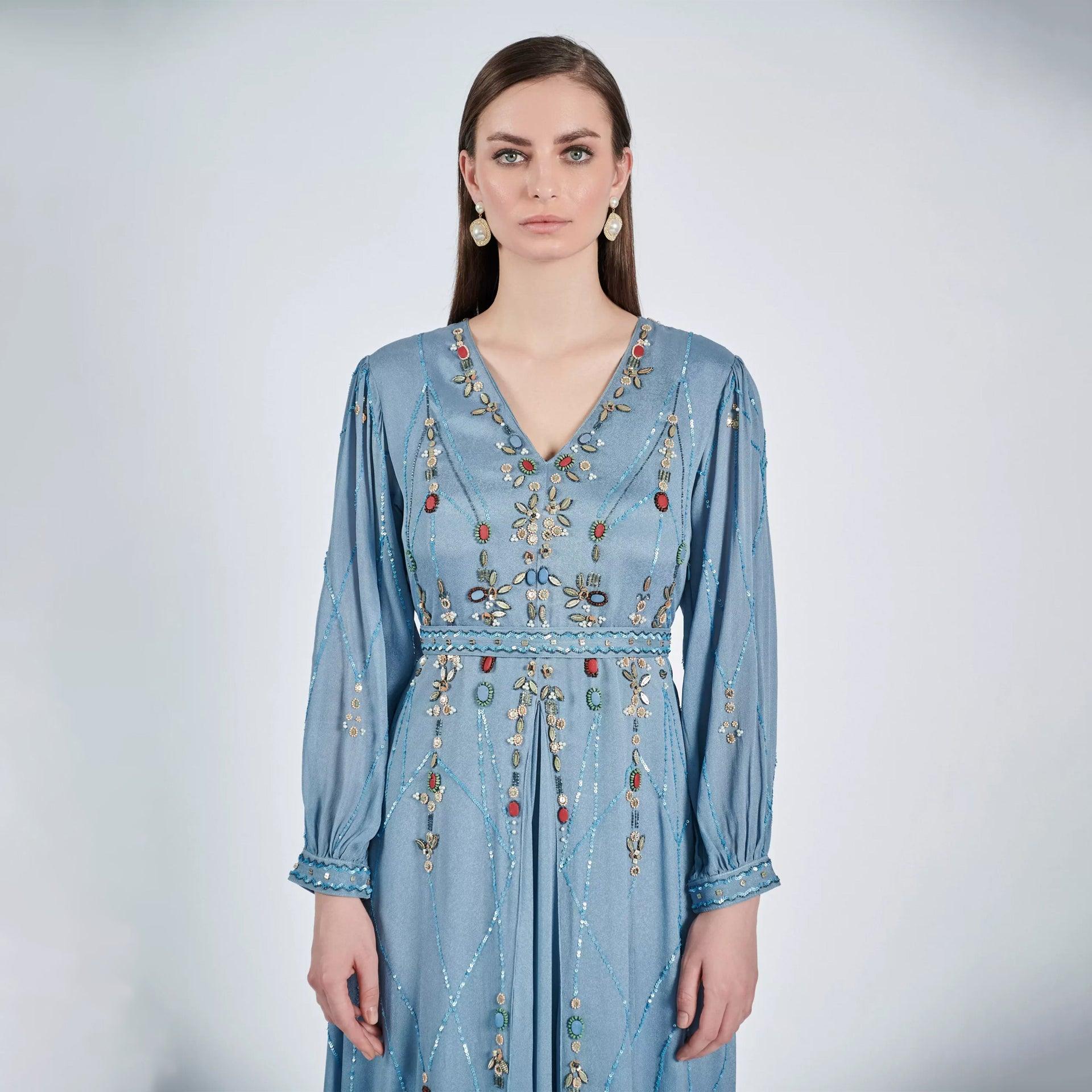 Sky Blue Crepe Dalin Dress with Long Sleeves - WECRE8