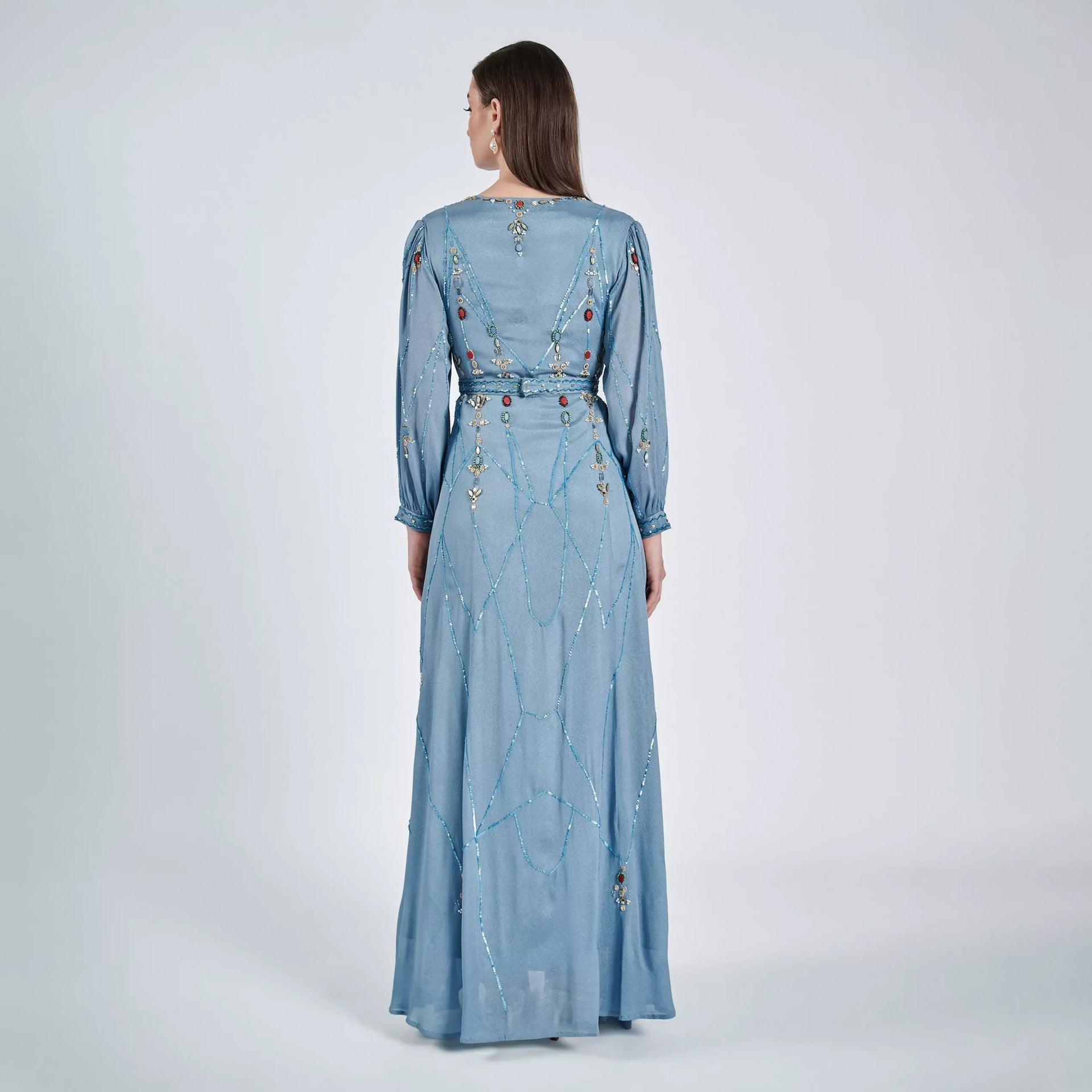 Sky Blue Crepe Dalin Dress with Long Sleeves - WECRE8