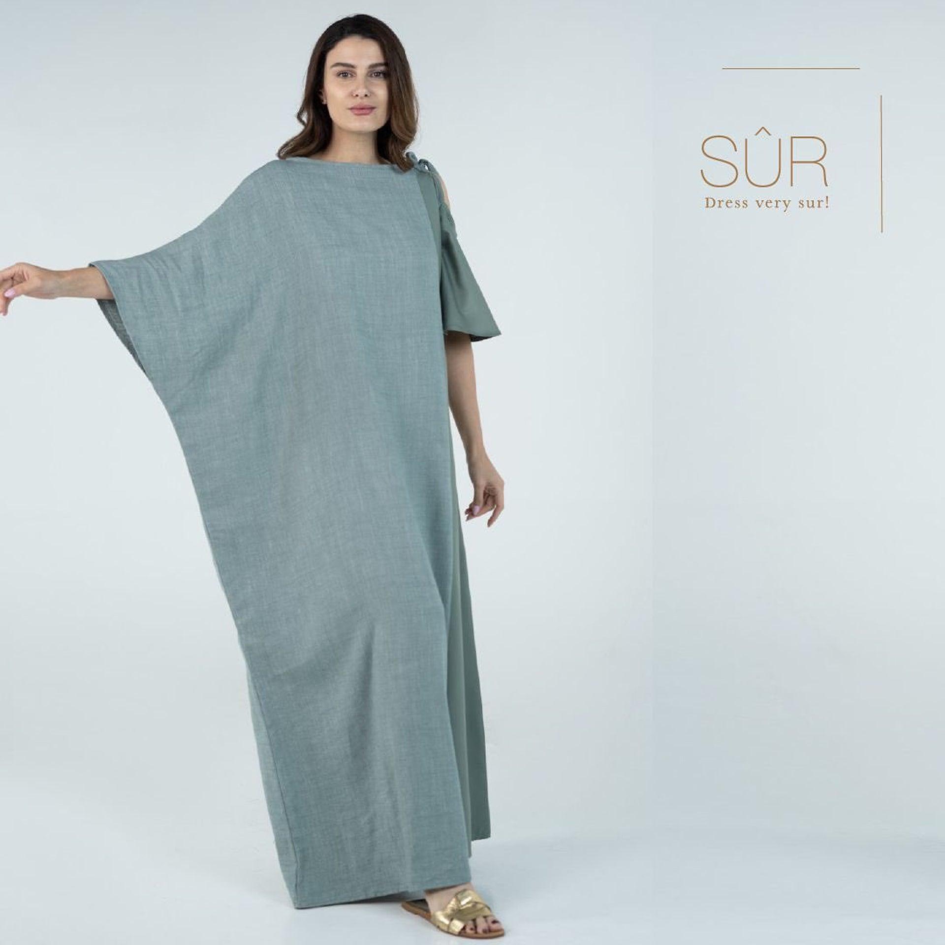 Steel Blue Knot Asymmetrical Neck With Drop Sleeve Jalabiya By Sur - WECRE8