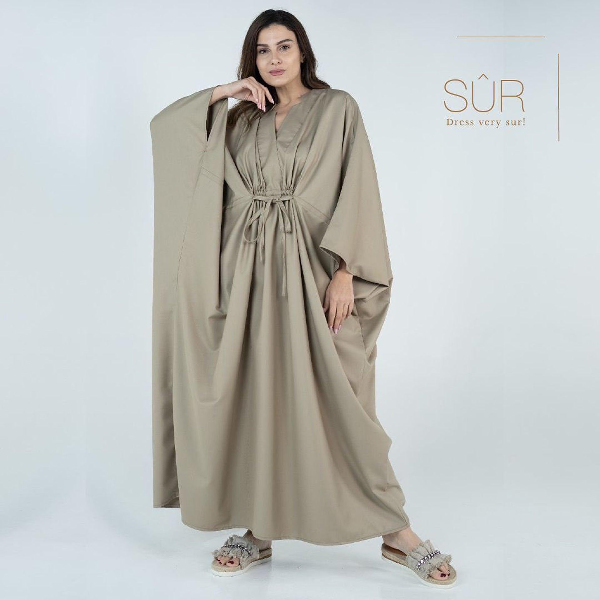 Tan Cotton Jalabiya With Batwing Sleeve & Drawstring Waist by Sur - WECRE8