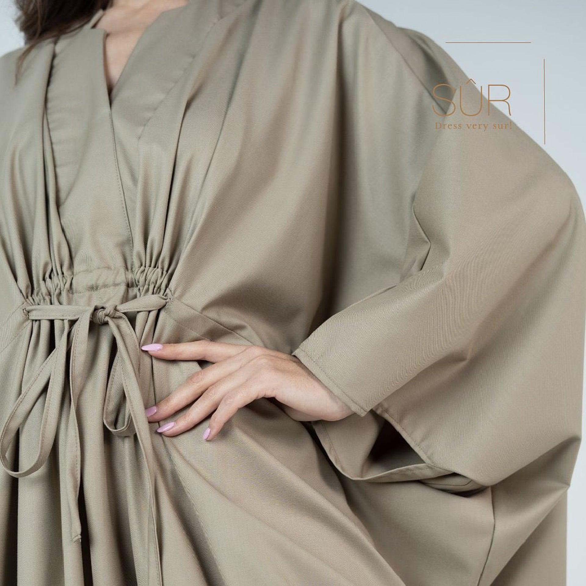 Tan Cotton Jalabiya With Batwing Sleeve & Drawstring Waist by Sur - WECRE8