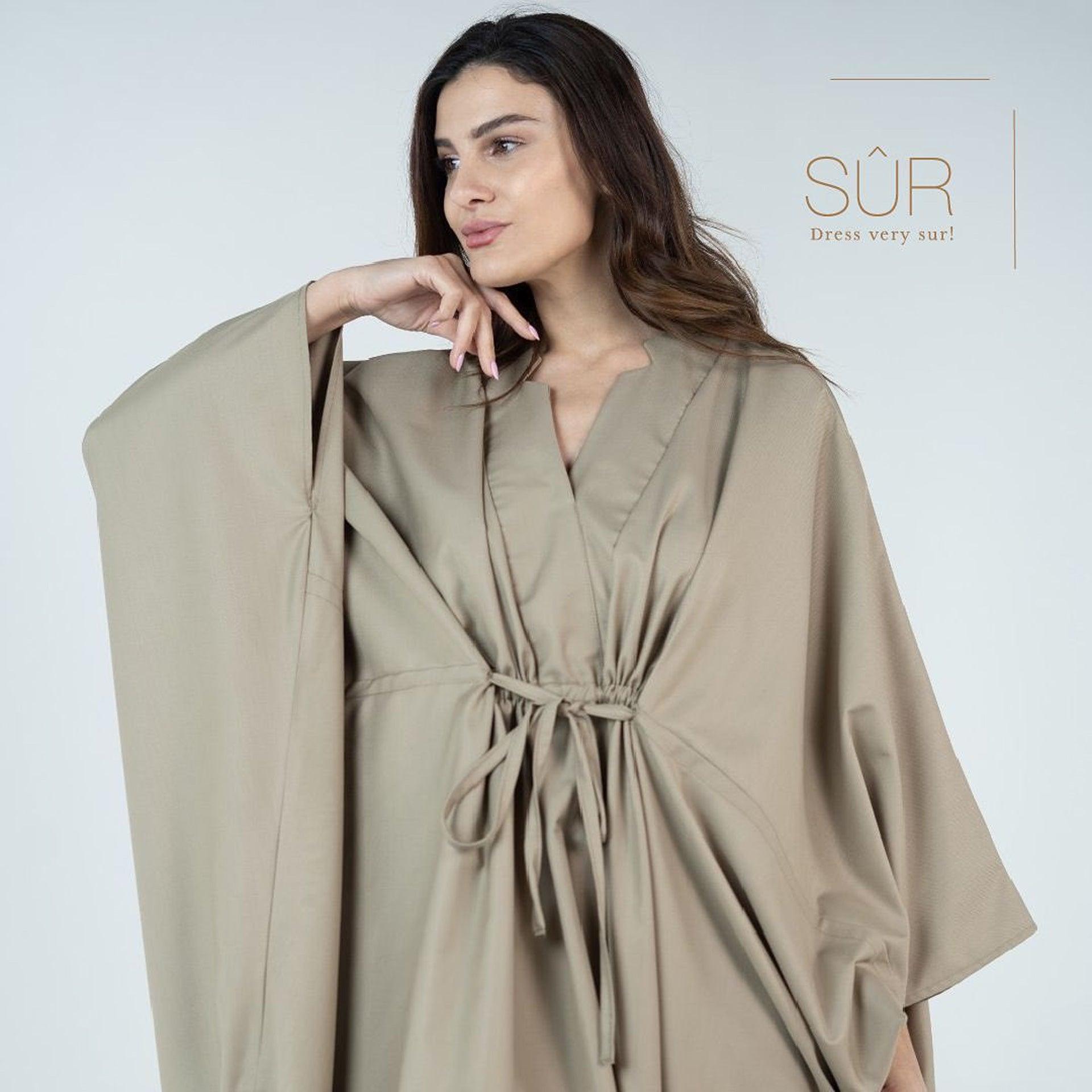 Tan Cotton Jalabiya With Batwing Sleeve & Drawstring Waist by Sur - WECRE8