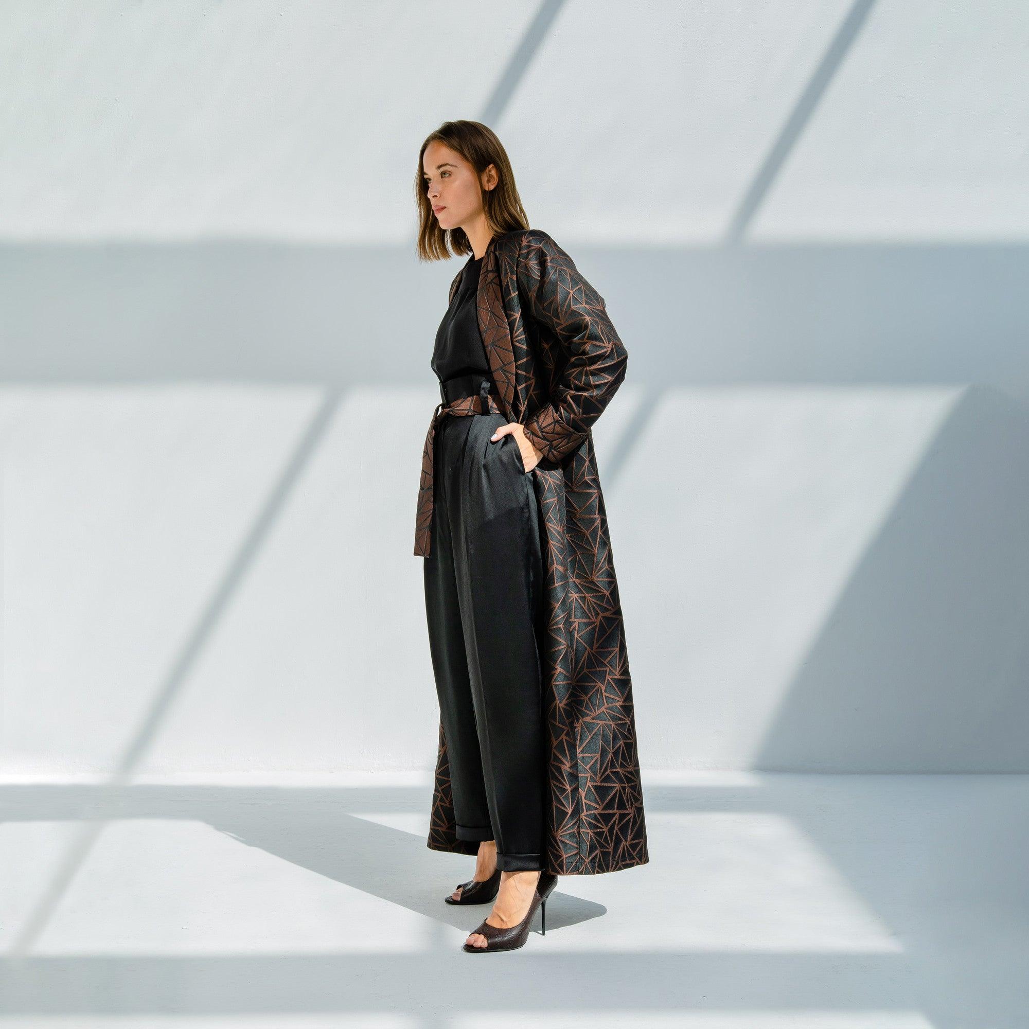 Tulip Brown & Black Jacquard Jacket Abaya by Lara Ali - WECRE8