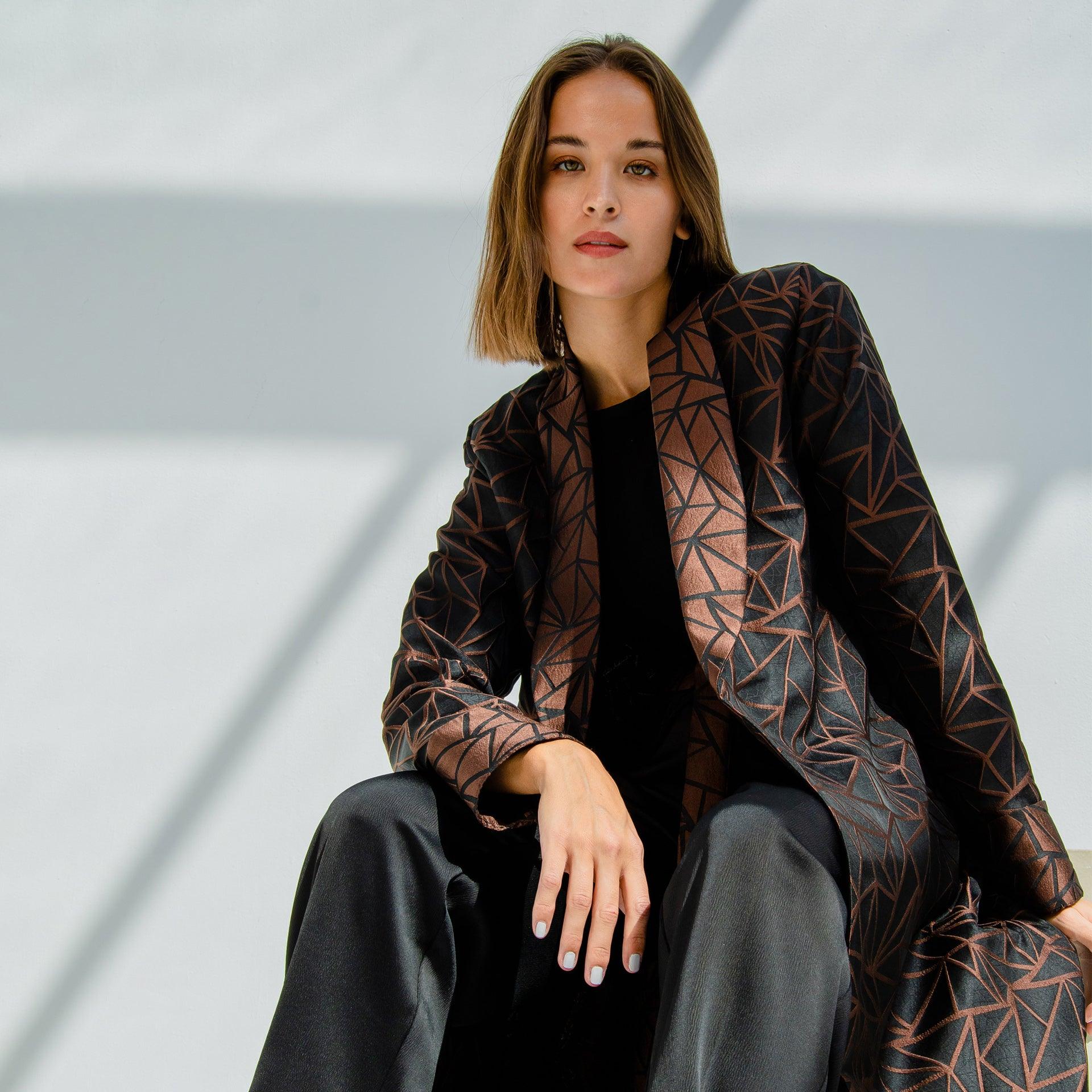 Tulip Brown & Black Jacquard Jacket Abaya by Lara Ali - WECRE8