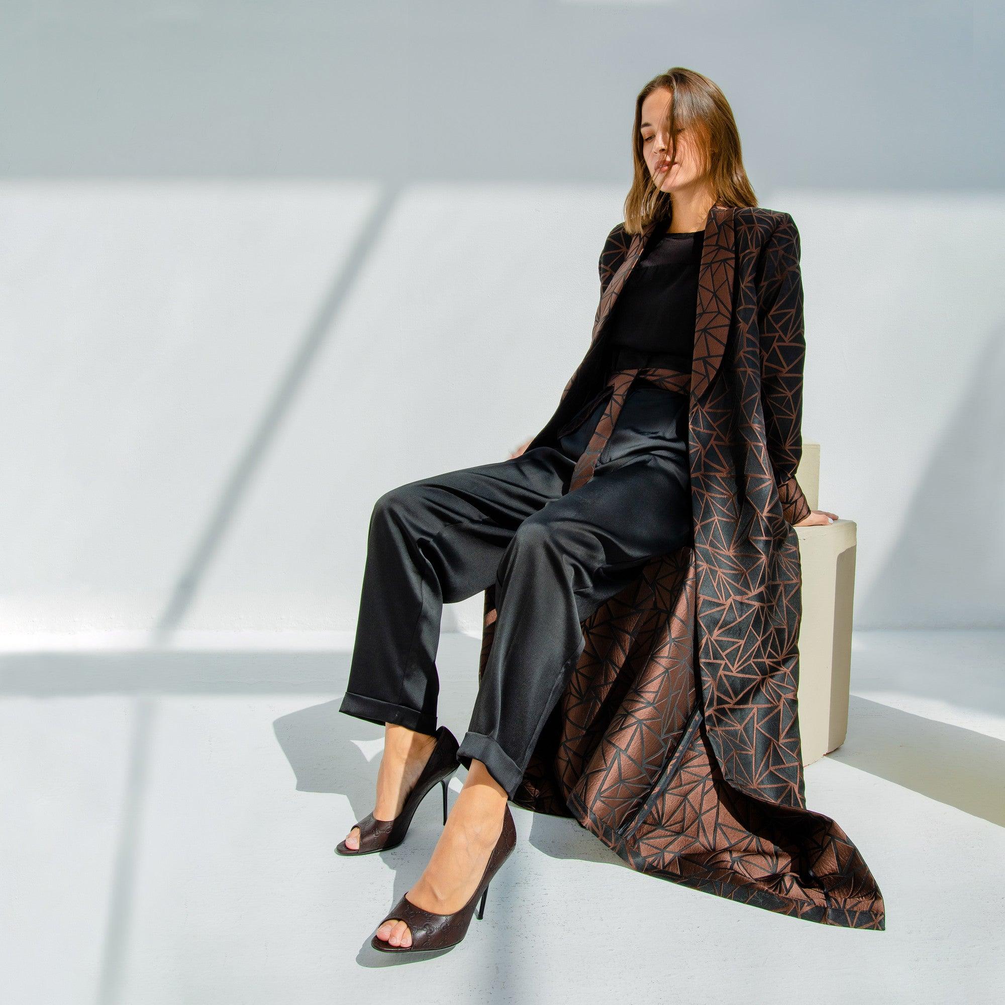 Tulip Brown & Black Jacquard Jacket Abaya by Lara Ali - WECRE8