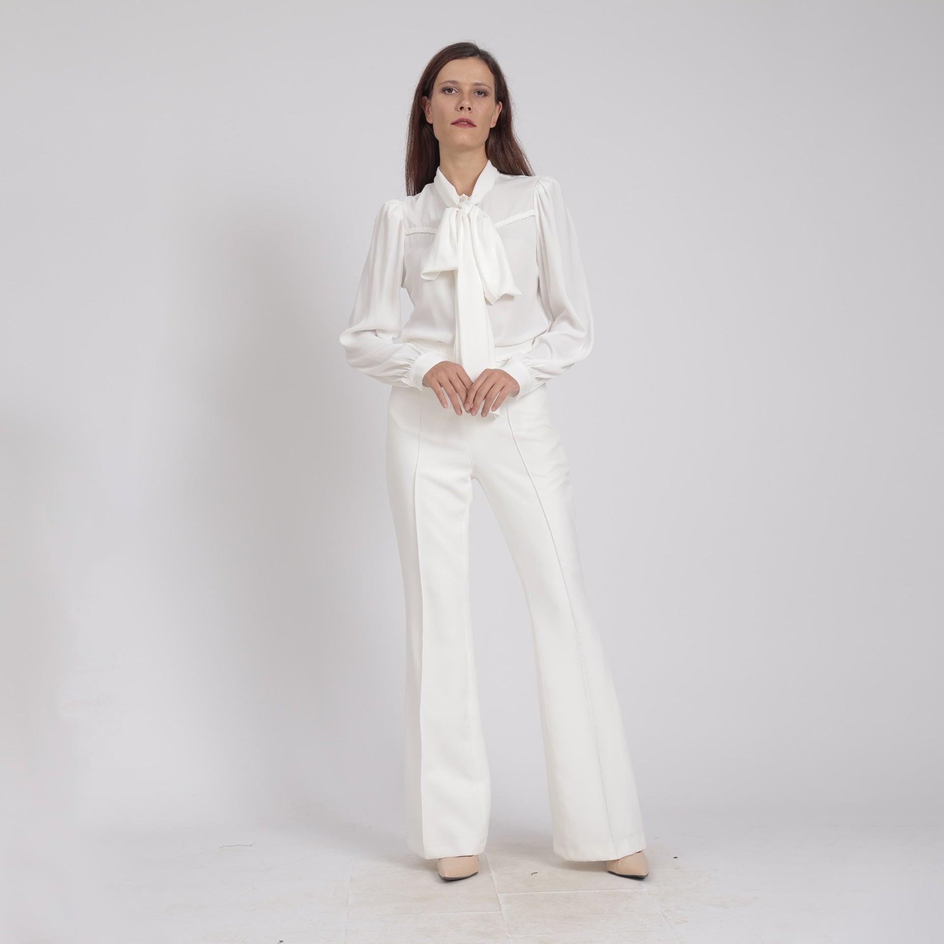 White Classy Flared- High Waist Pants From Elanove - WECRE8