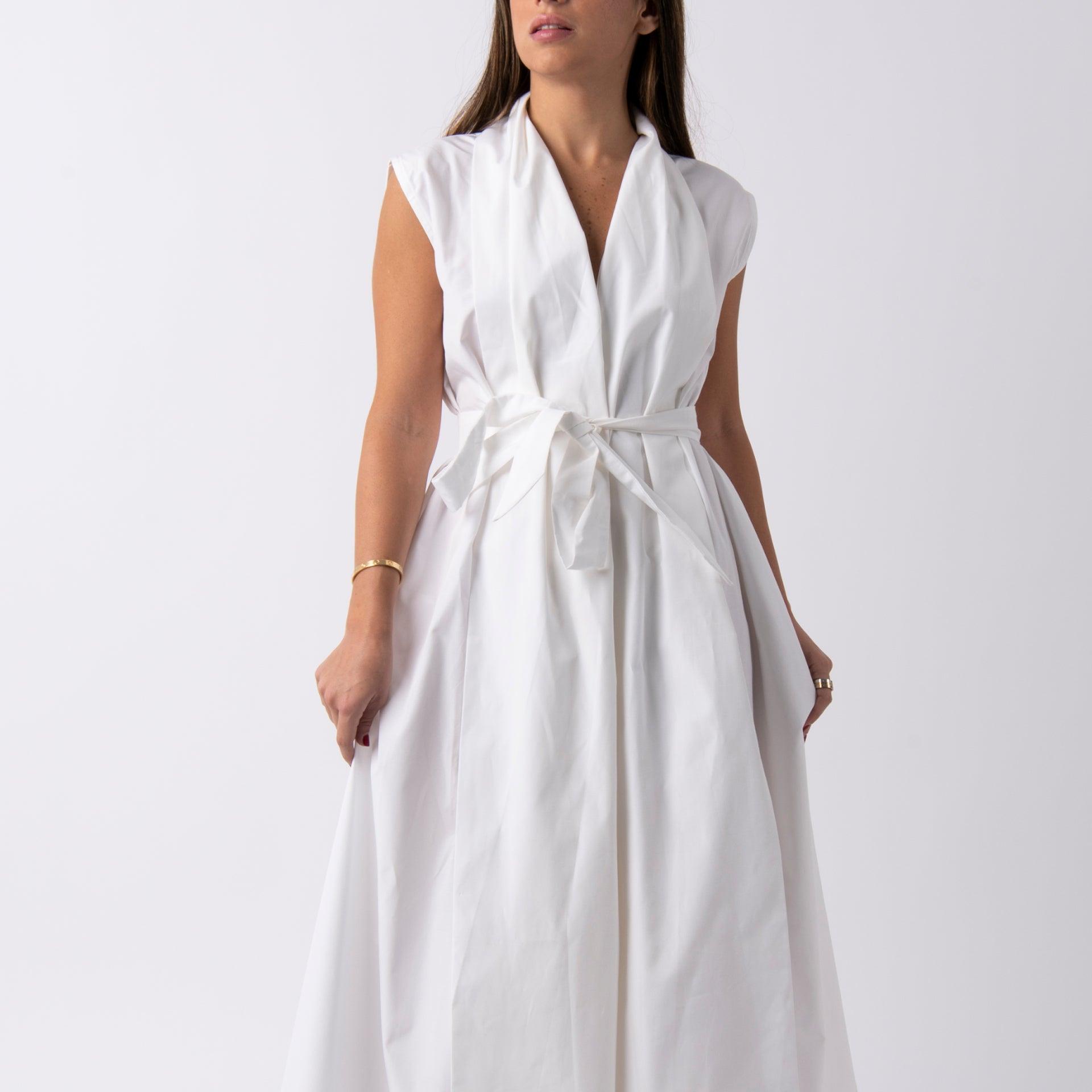 White Dress With An External Belt By Erth - WECRE8