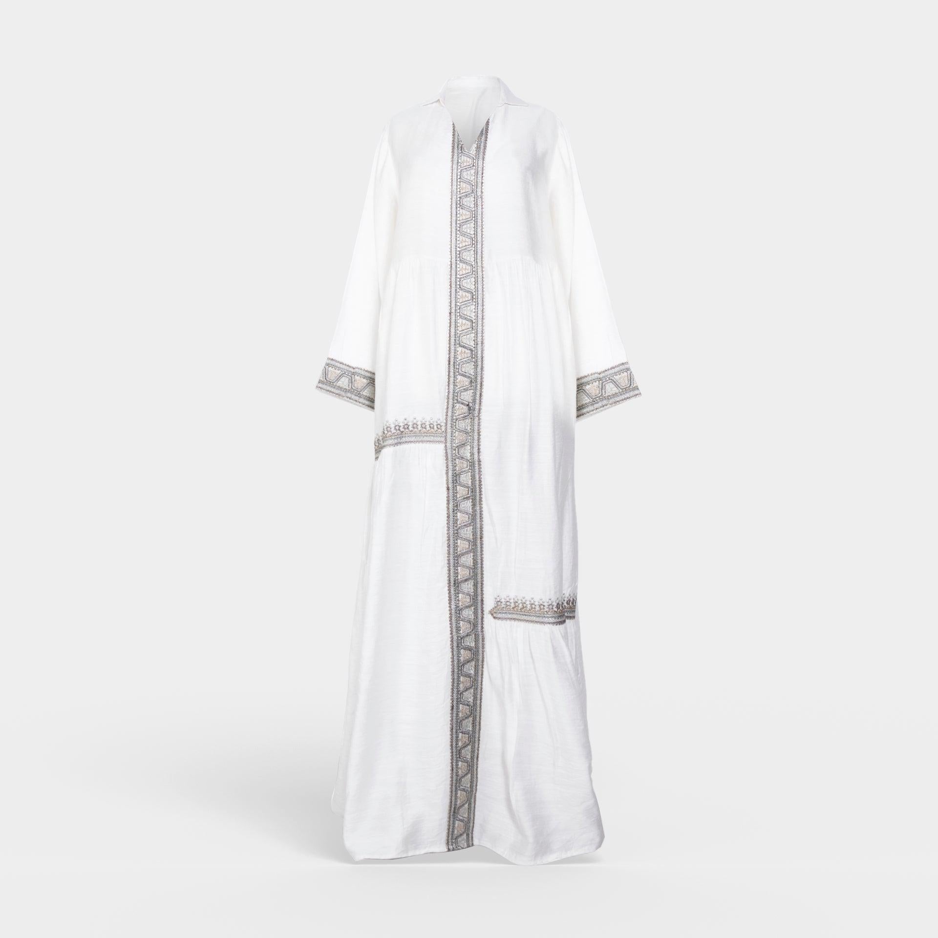 White Embroidery Abaya with a Collar From Darzah - WECRE8