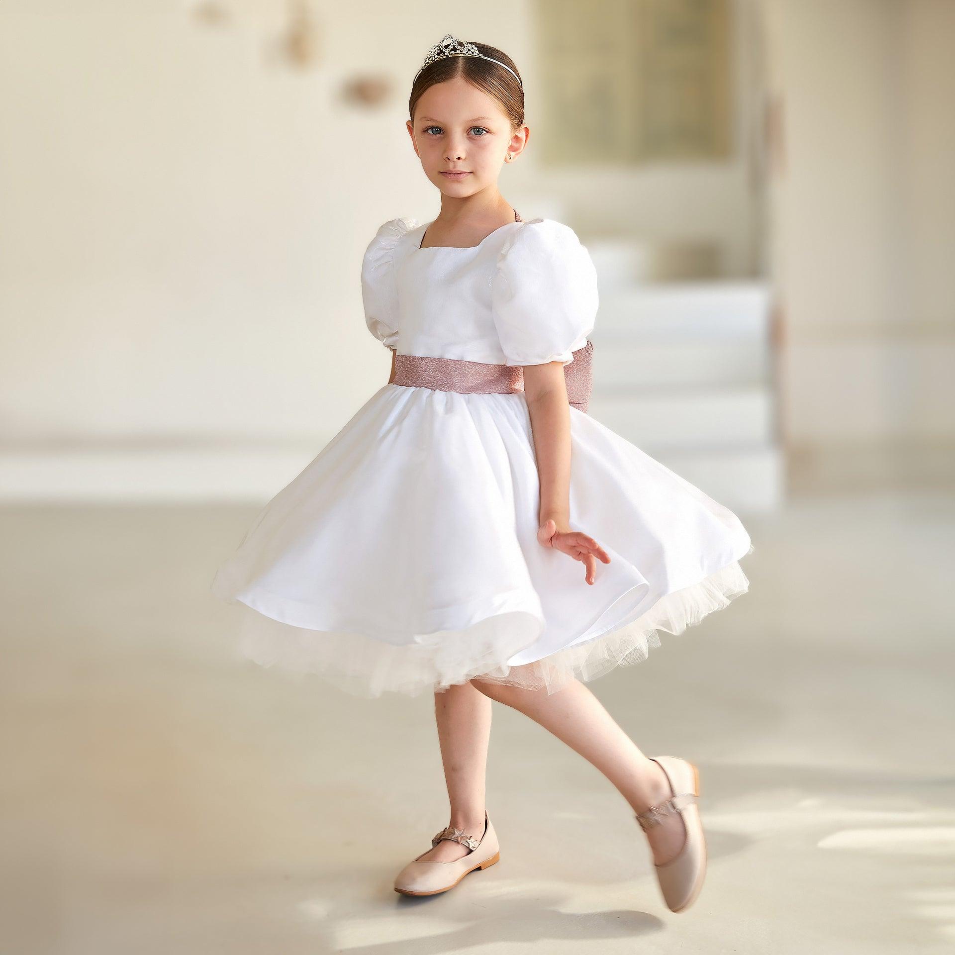 White Kids Dress with Rose Gold Ribbon By Wecre8 - WECRE8