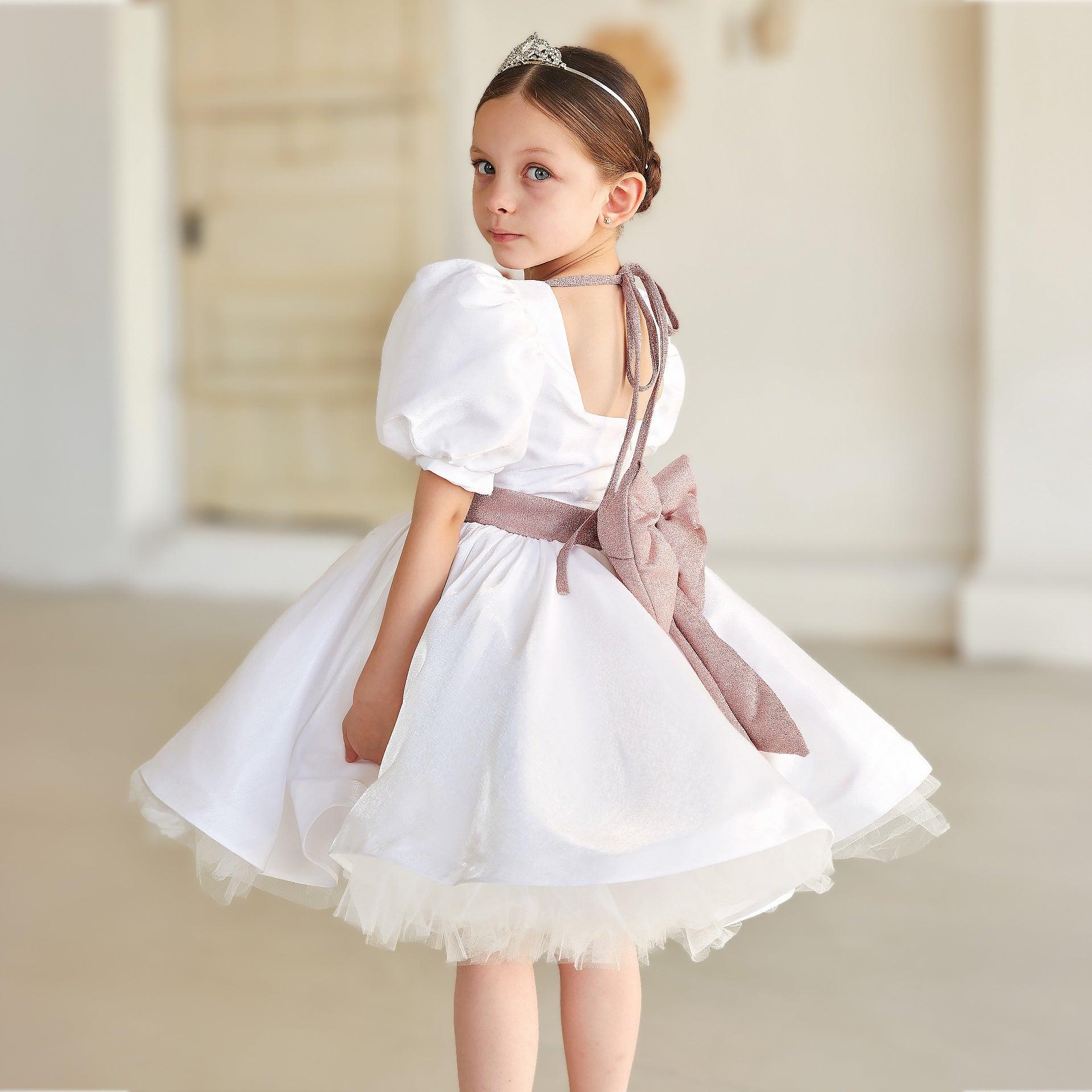 White Kids Dress with Rose Gold Ribbon By Wecre8 - WECRE8