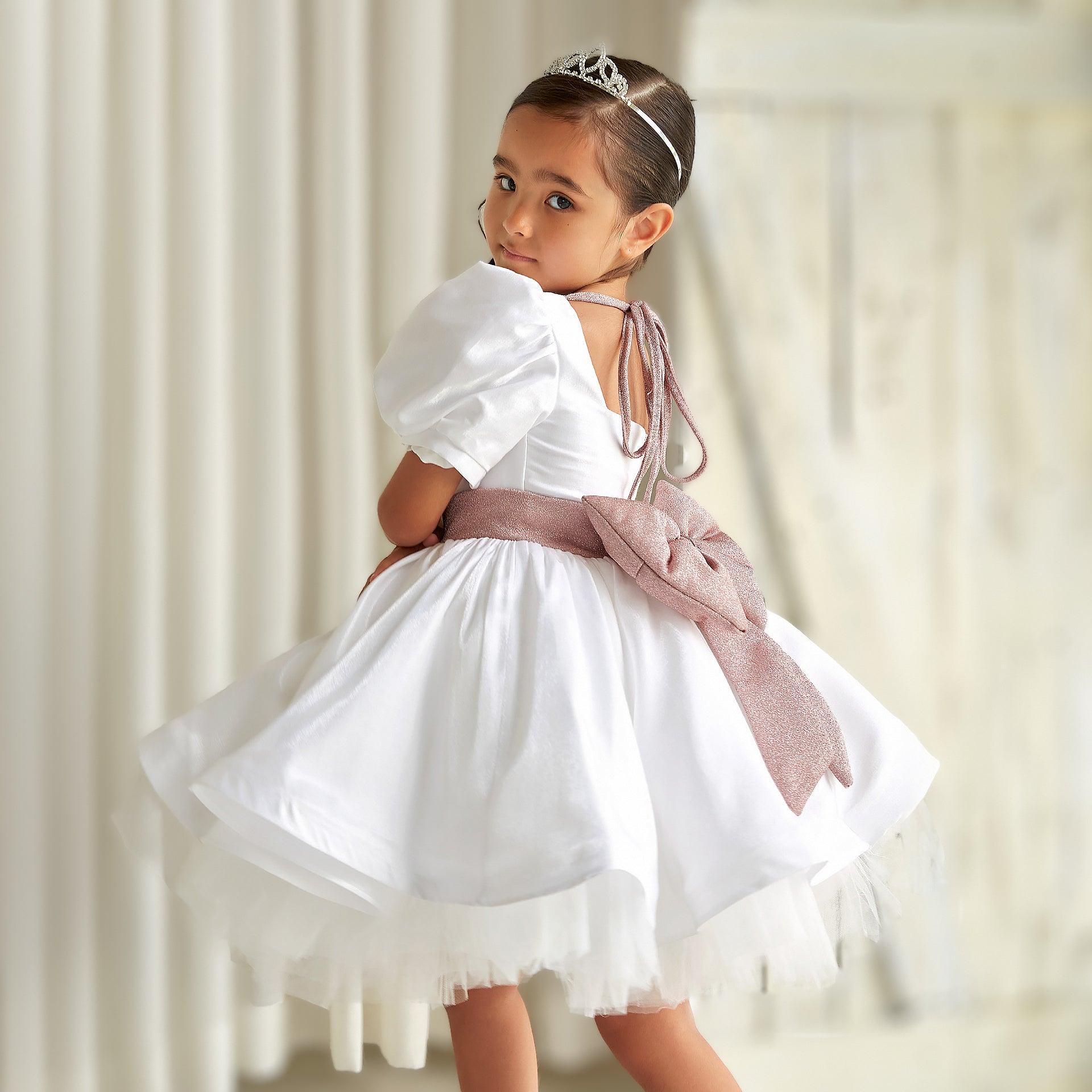 White Kids Dress with Rose Gold Ribbon By Wecre8 We Cre8 KSA