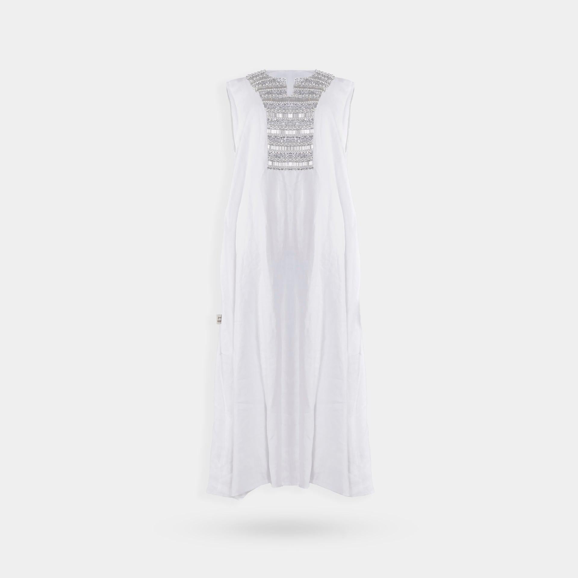 White Linen Sleeveless Short Dress with Front Embroidery From Darzah - WECRE8