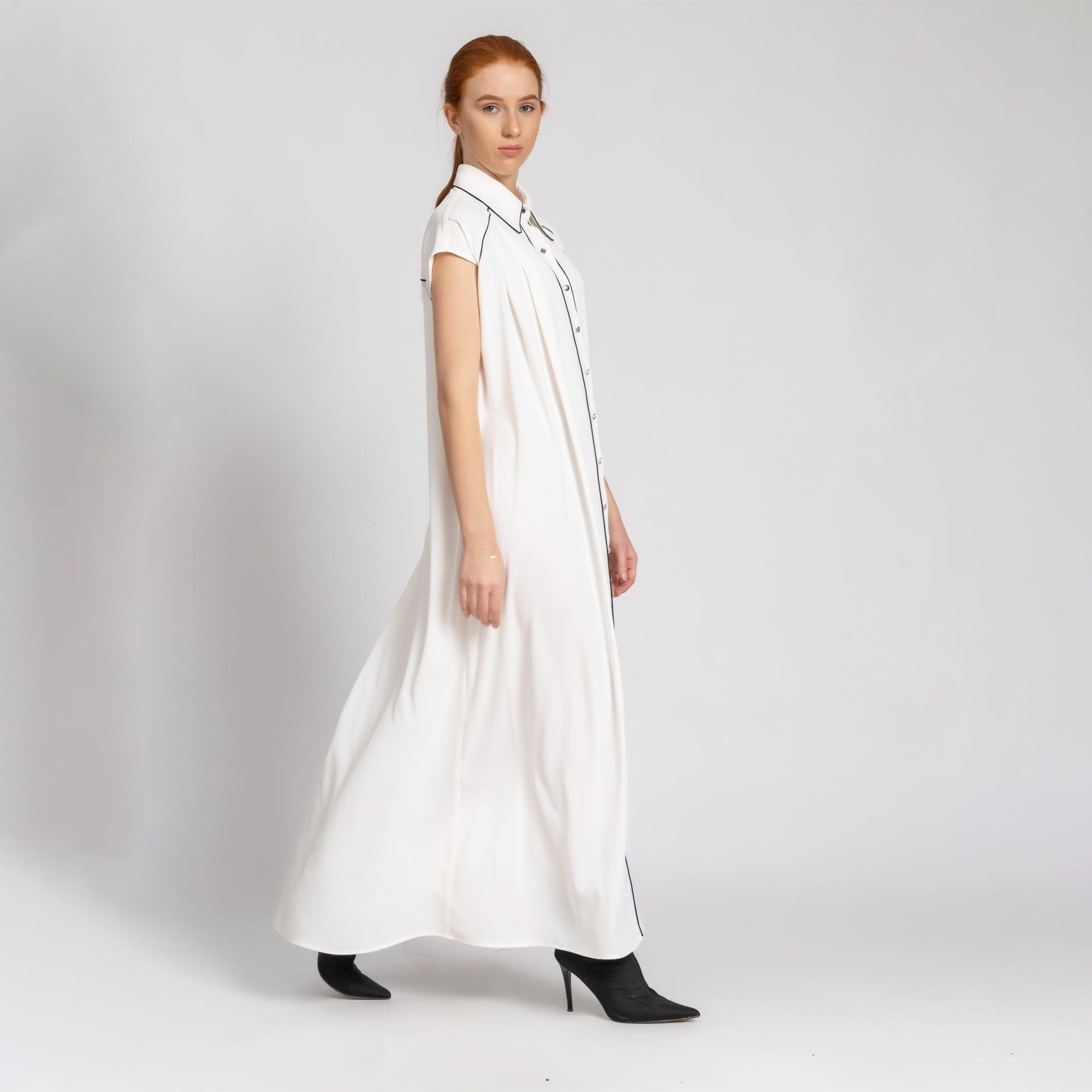 White Long Crepe Dress With Black Trim From Elanove - WECRE8