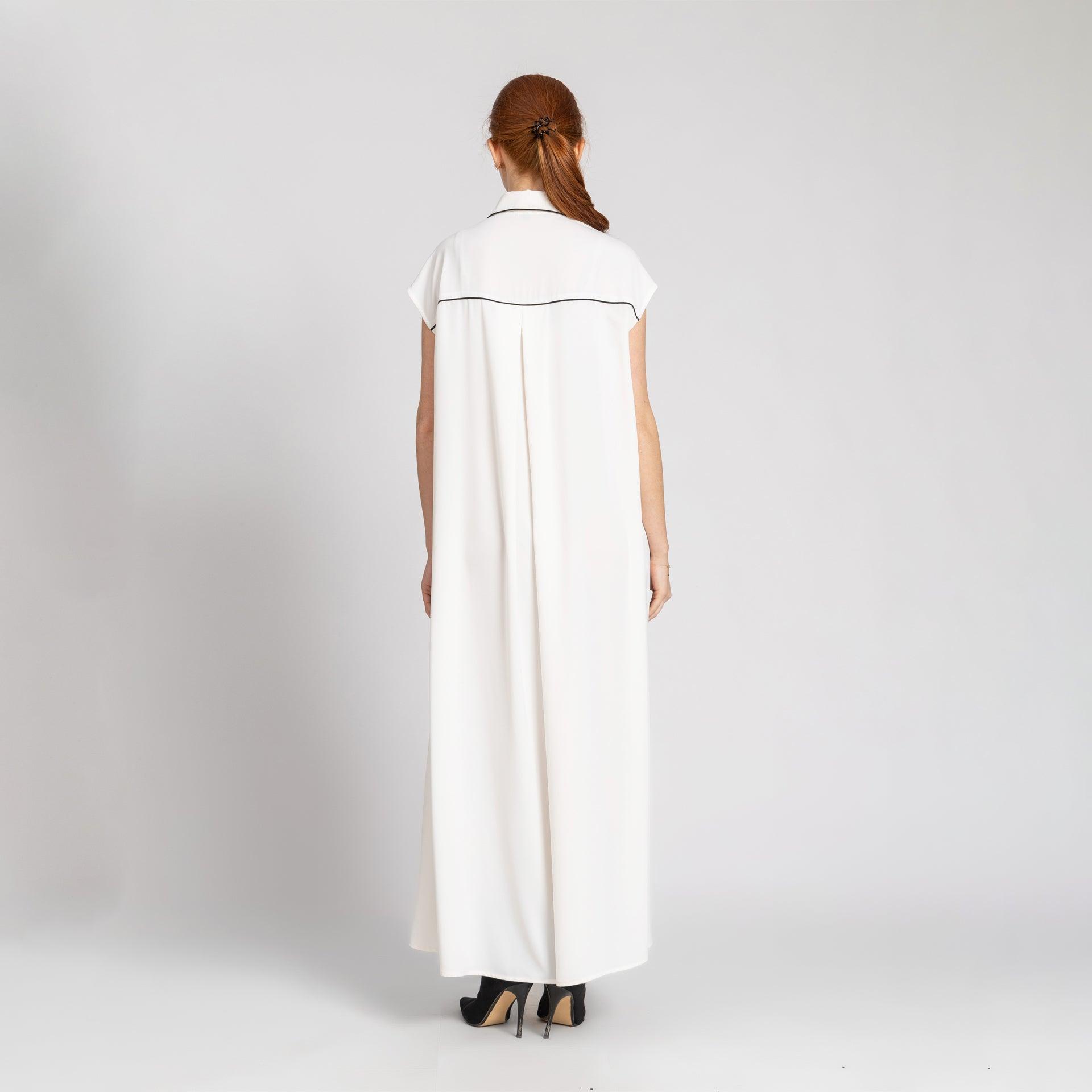 White Long Crepe Dress With Black Trim From Elanove - WECRE8