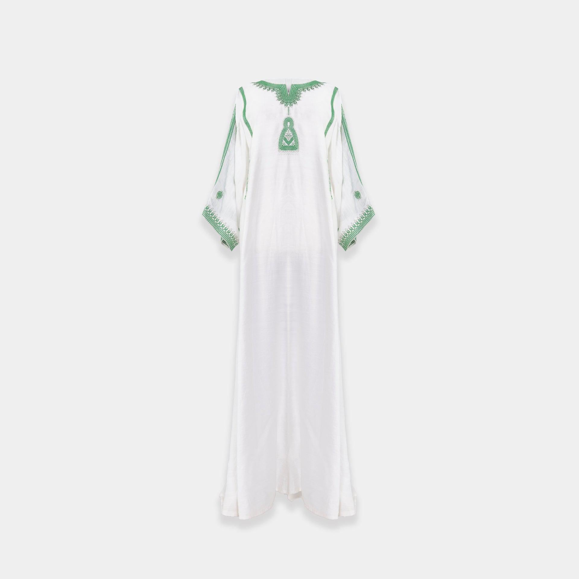 White Long dress with short sleeves and Green Embroidery From Darzah - WECRE8