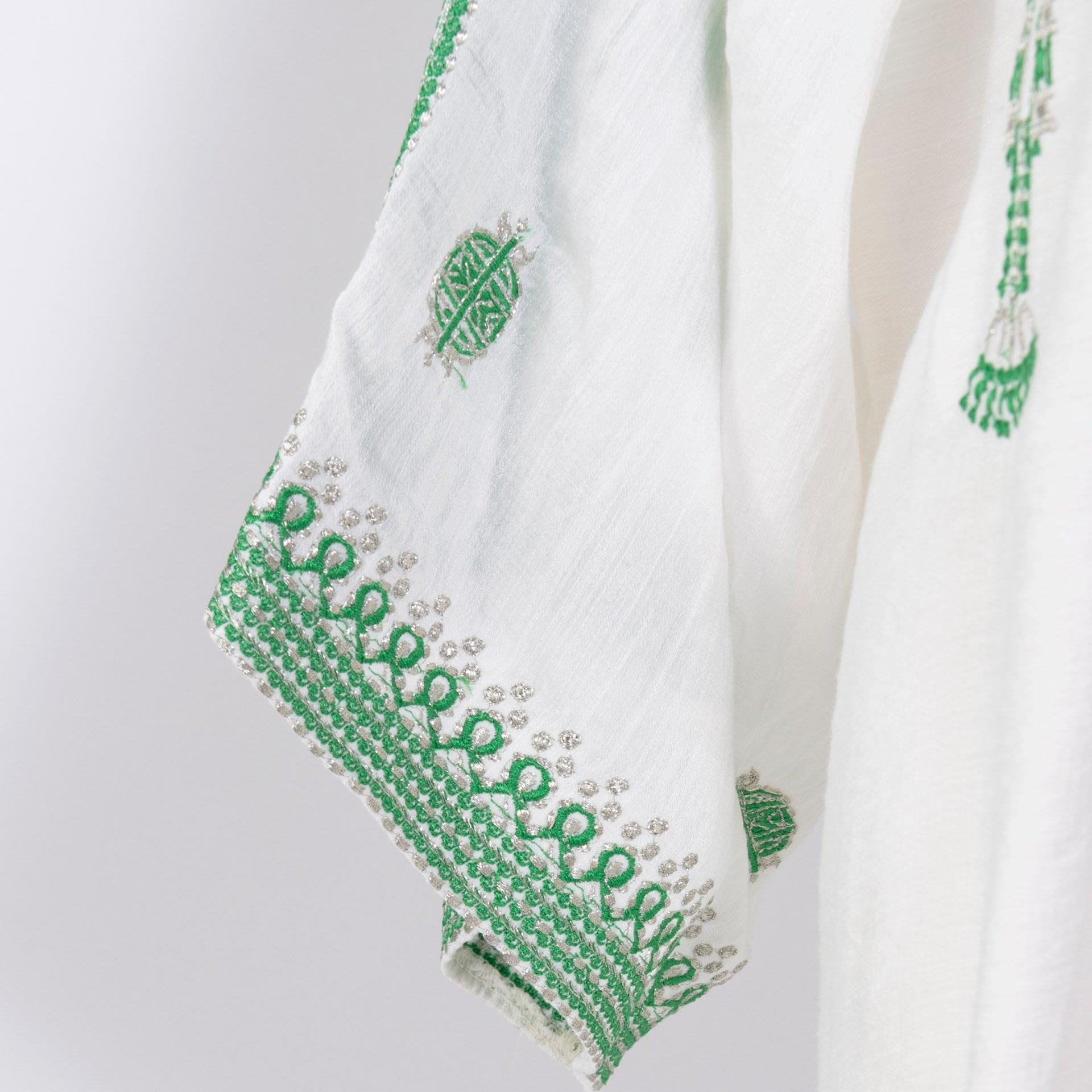 White Long dress with short sleeves and Green Embroidery From Darzah - WECRE8